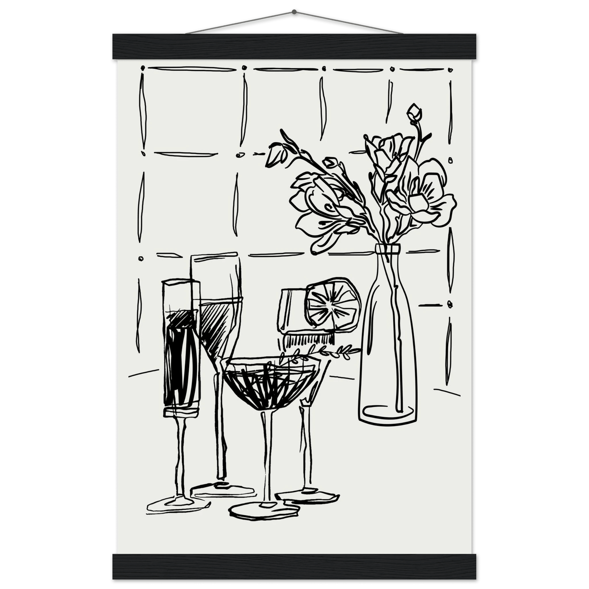 Cocktails & Flowers Print | Black Line Art Drinks Wall Art | Kitchen Bar Poster - Evergreen Posters