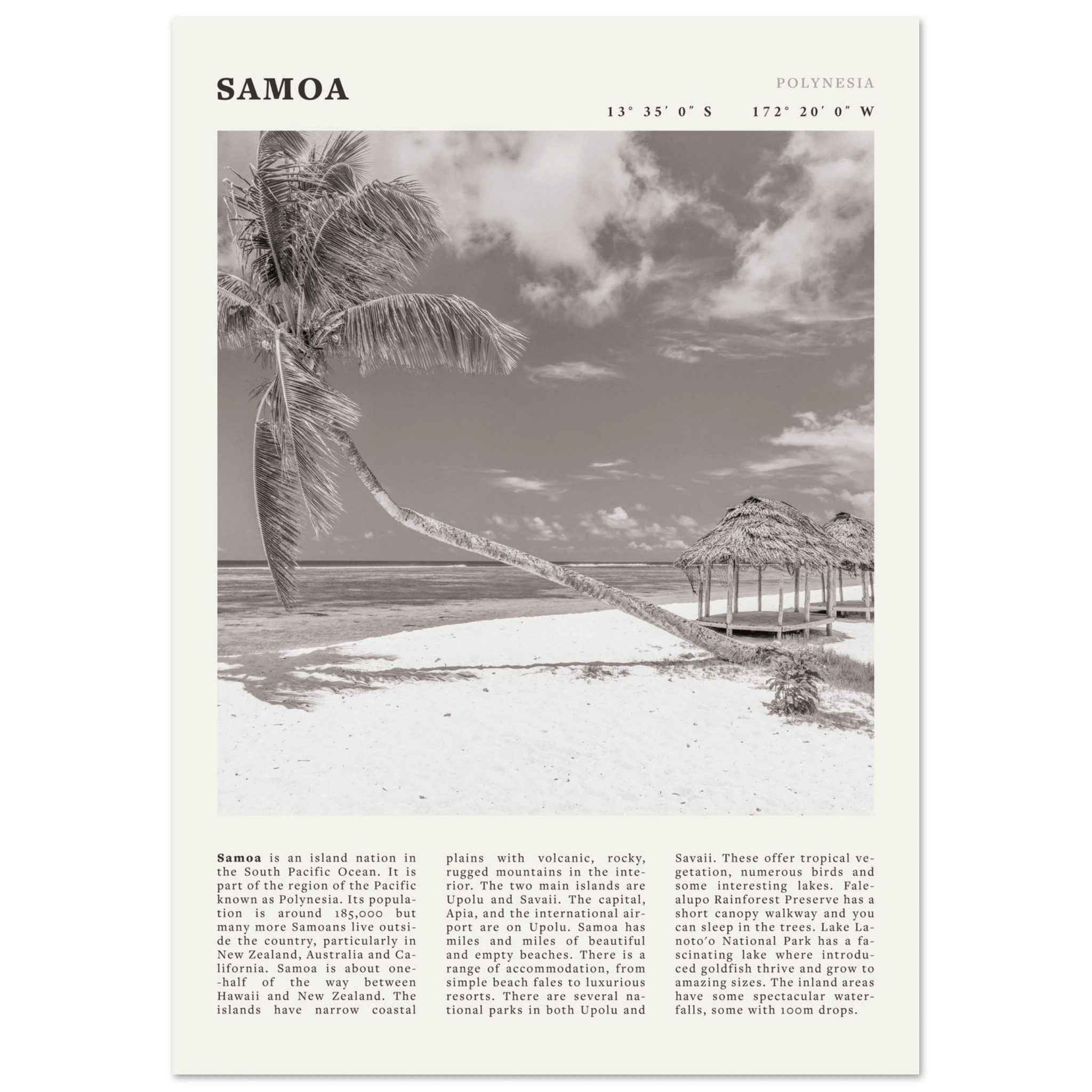 Samoa Poster | Black & White South Pacific Beach Wall Art | Polynesia Travel Print - Evergreen Posters