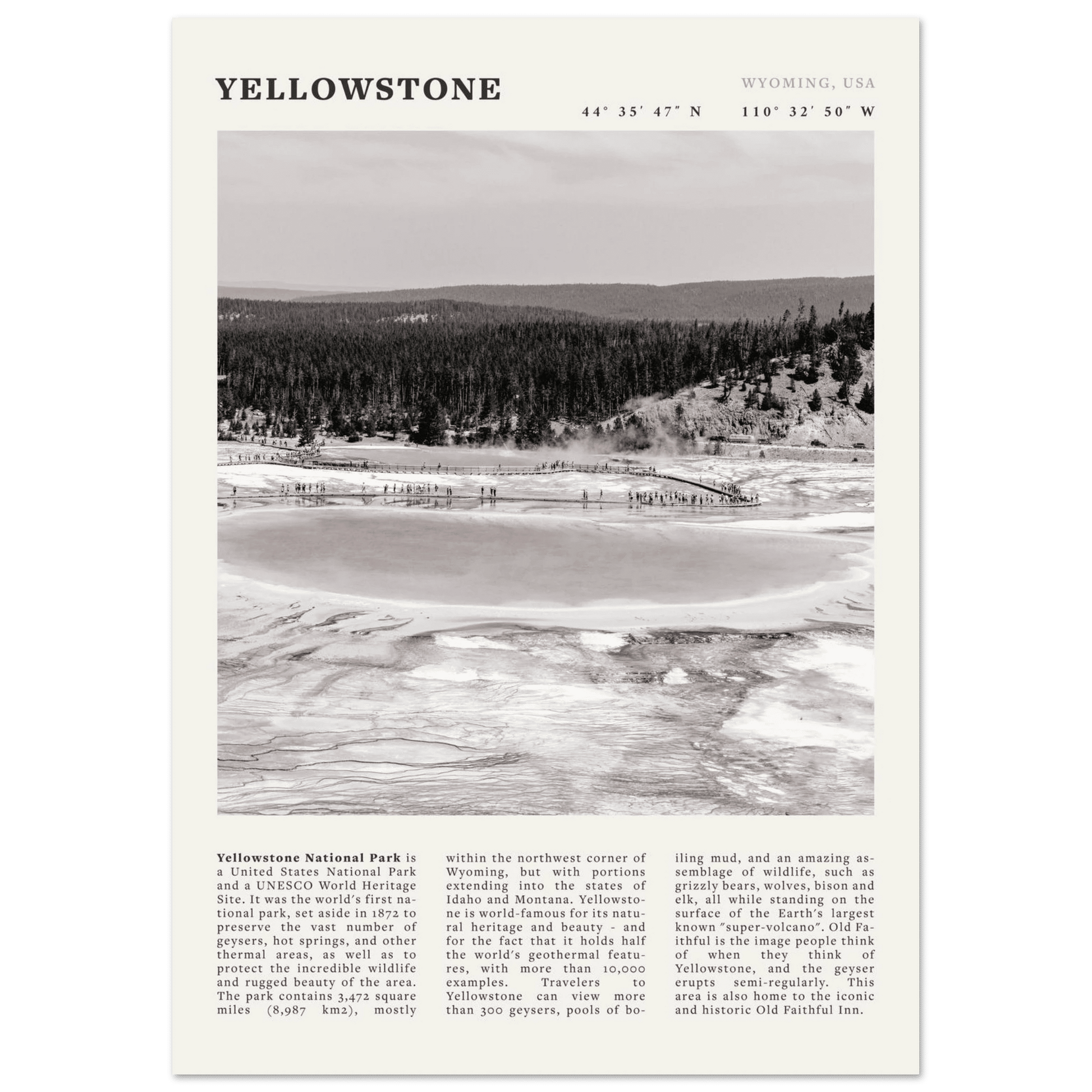 Yellowstone Poster | Black & White Grand Prismatic Spring Wall Art | WY Print - Evergreen Posters