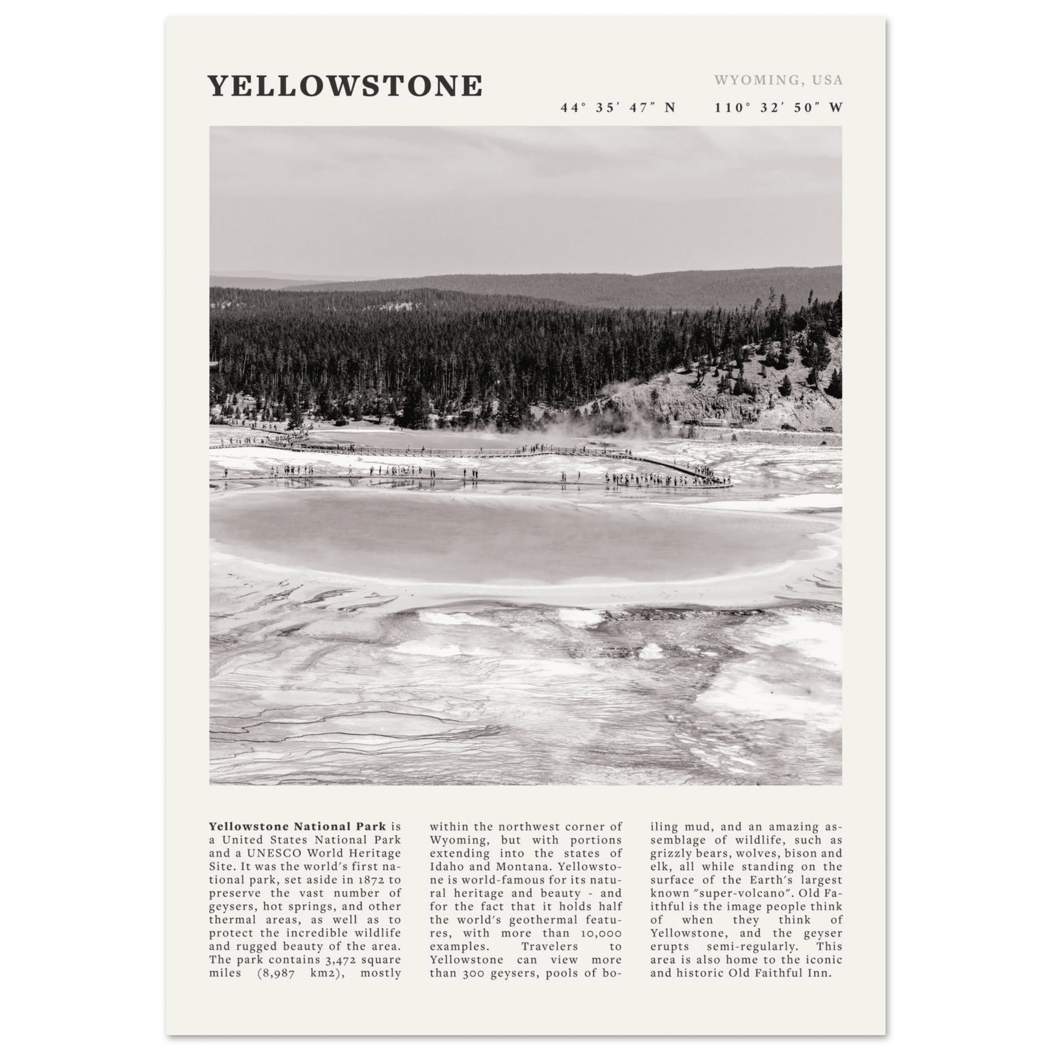 Yellowstone Poster | Black & White Grand Prismatic Spring Wall Art | WY Print - Evergreen Posters