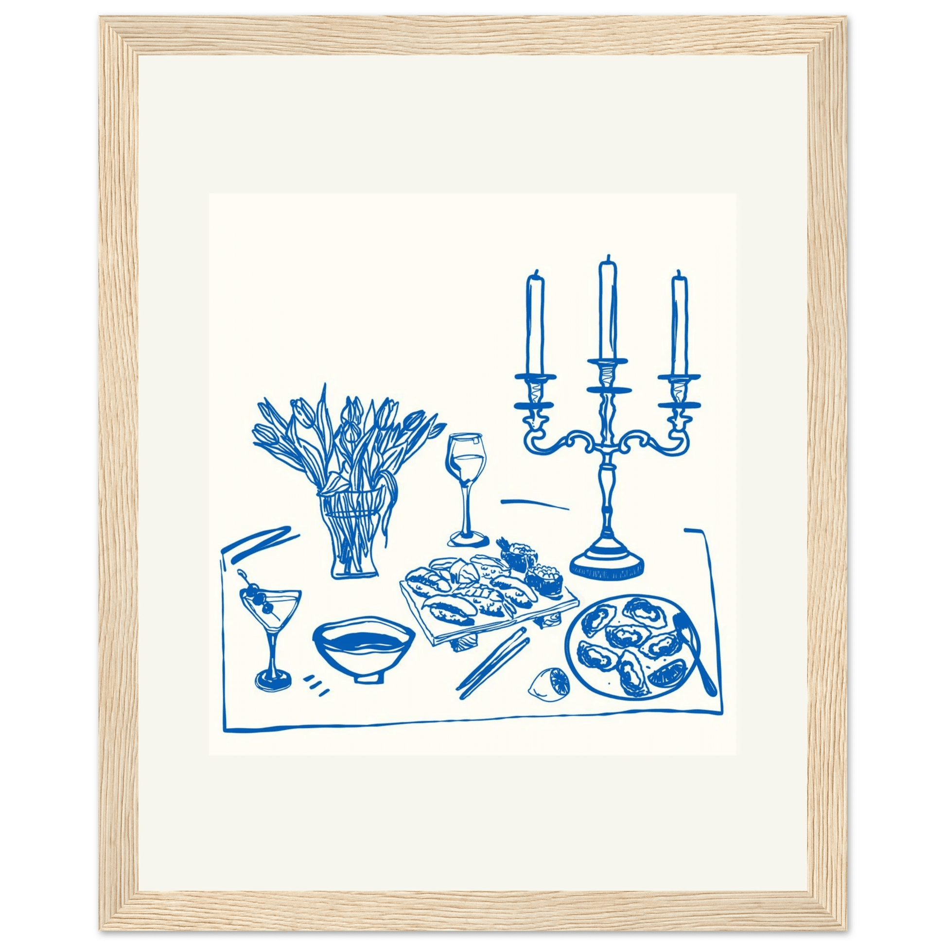 Fine Dining Table Print | Blue Line Art Kitchen Wall Art | Elegant Dining Room Poster - Evergreen Posters