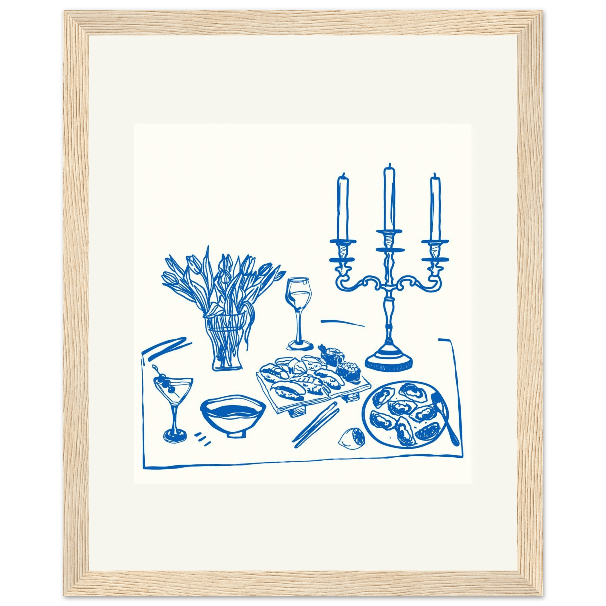 Fine Dining Table Print | Blue Line Art Kitchen Wall Art | Elegant Dining Room Poster - Evergreen Posters