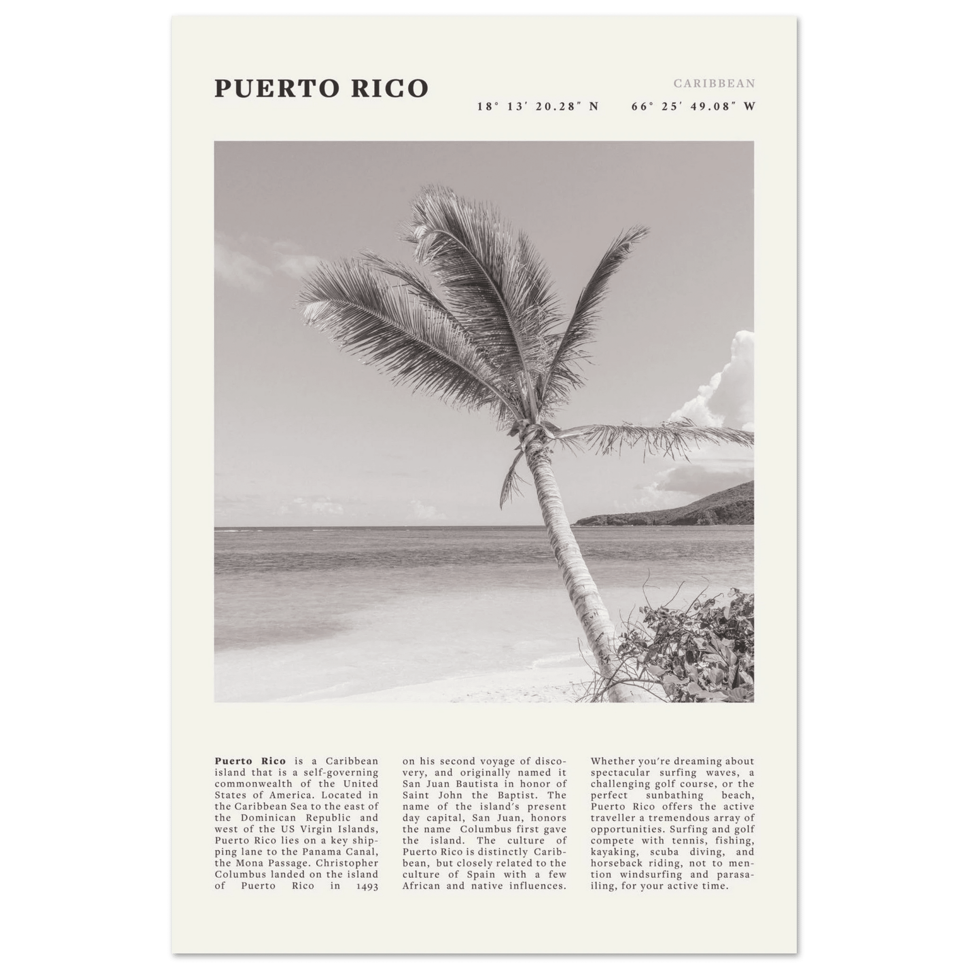 Puerto Rico Poster Black and White – Vintage Caribbean Palm Beach Print (Digital & Printed Options) - Evergreen Posters