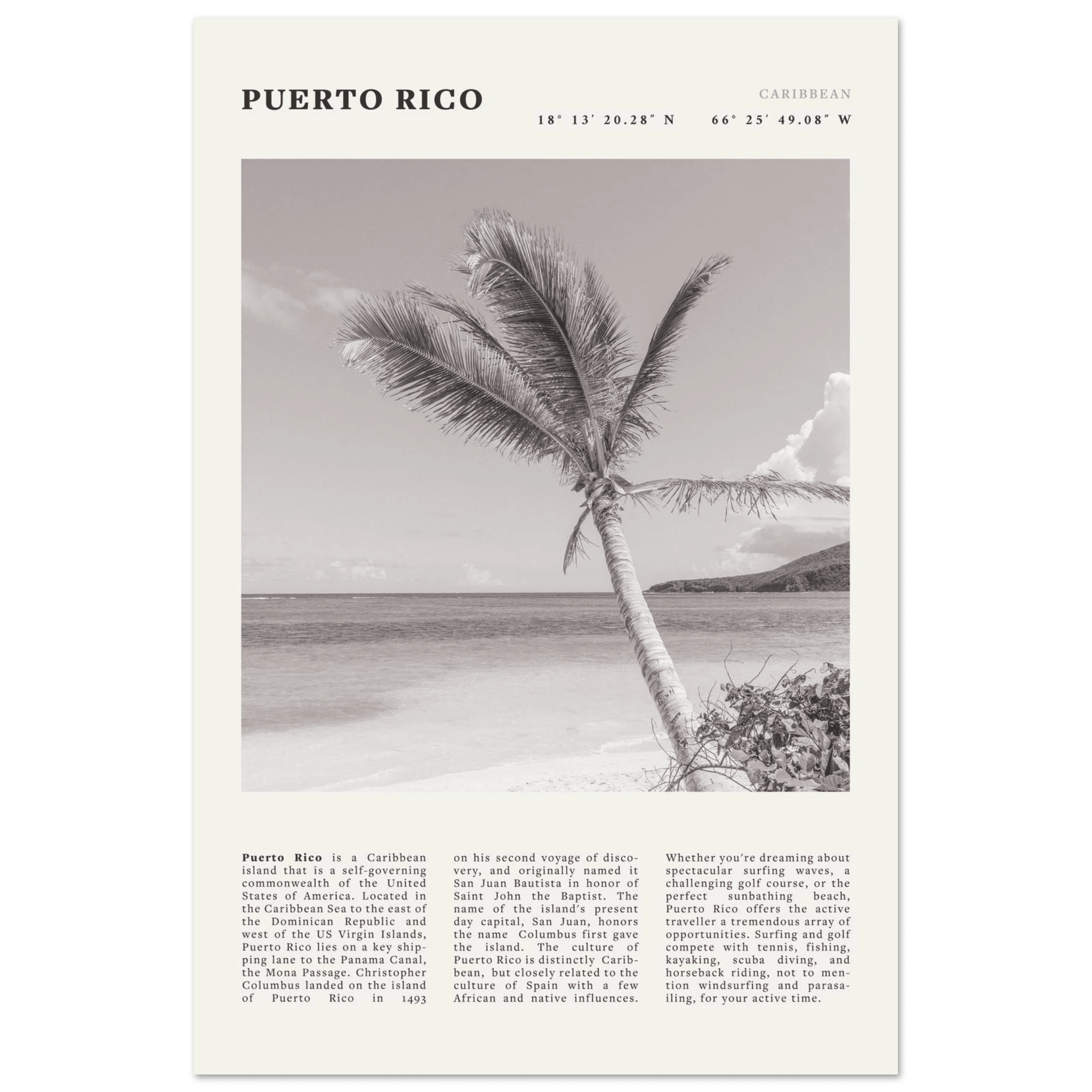 Puerto Rico Poster Black and White – Vintage Caribbean Palm Beach Print (Digital & Printed Options) - Evergreen Posters
