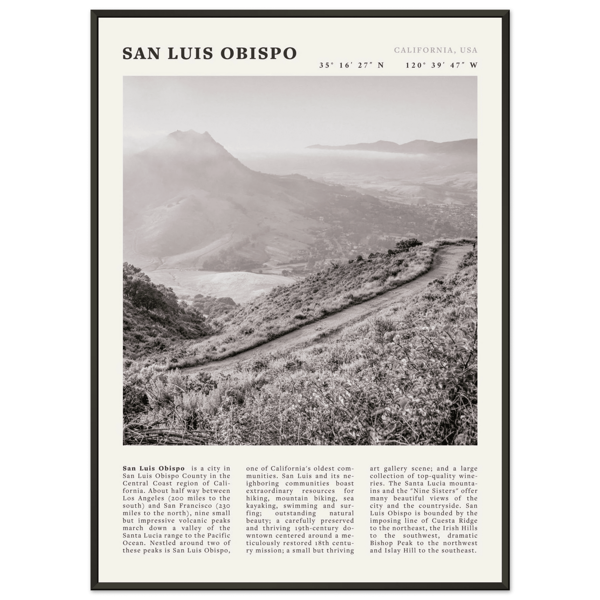 San Luis Obispo Poster | Black & White California Wall Art | SLO Travel Print - Evergreen Posters