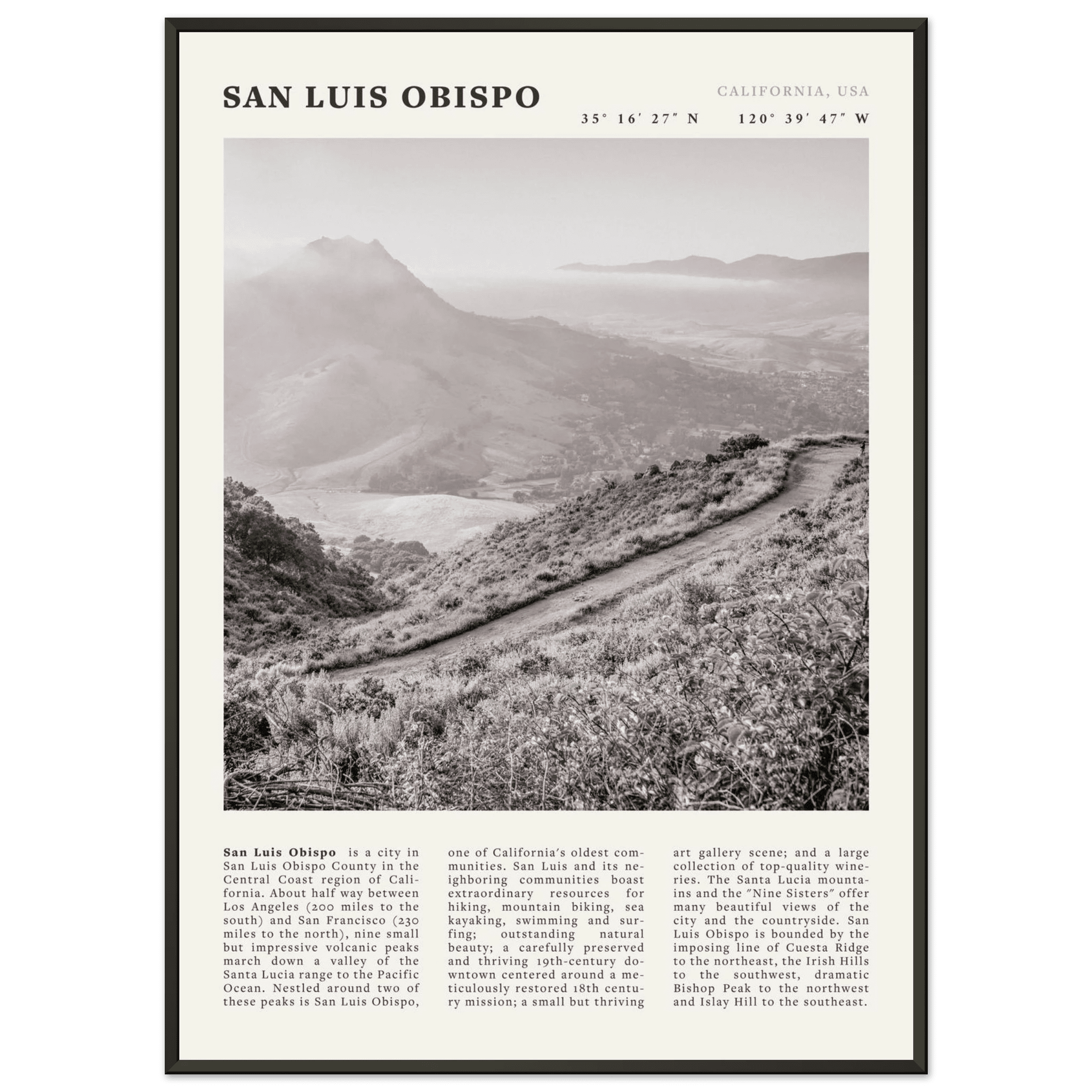 San Luis Obispo Poster | Black & White California Wall Art | SLO Travel Print - Evergreen Posters