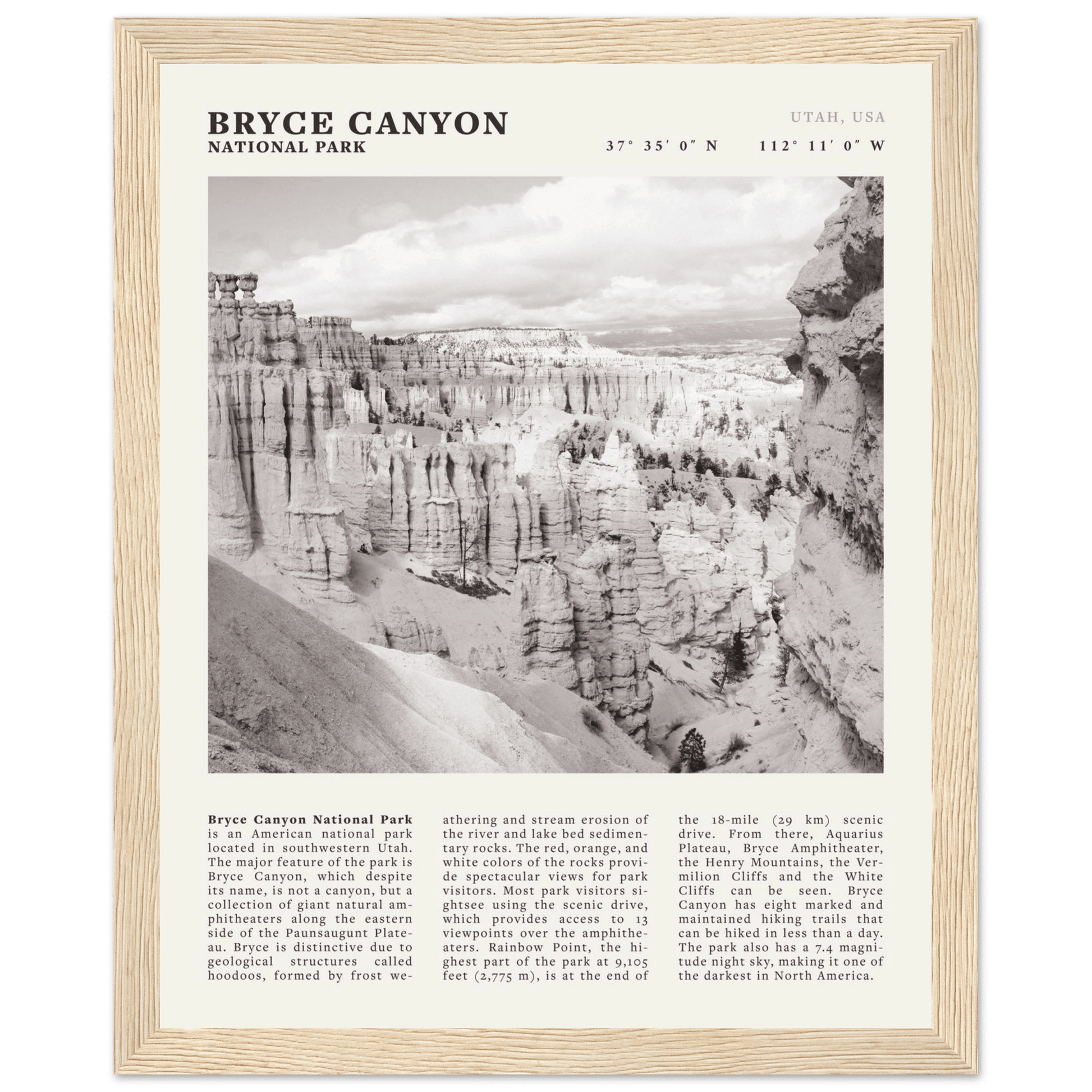 Bryce Canyon National Park Poster | Black & White Utah Hoodoos Wall Art Print - Evergreen Posters - 17