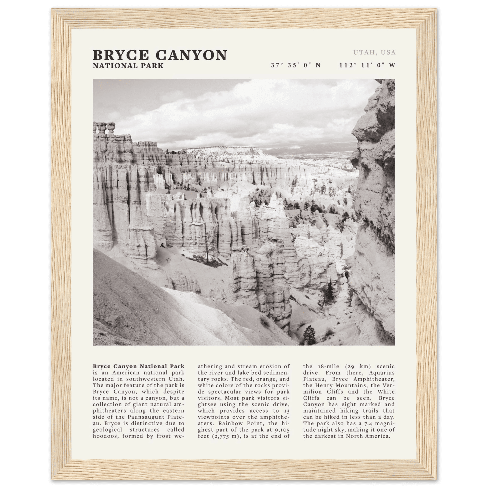 Bryce Canyon National Park Poster | Black & White Utah Hoodoos Wall Art Print - Evergreen Posters - 17