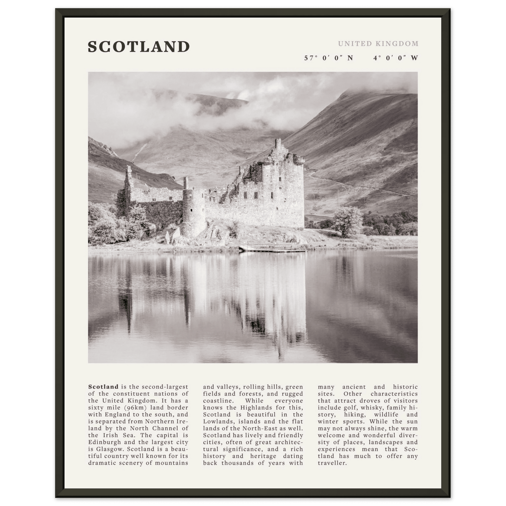 Scotland Poster | Black & White Highland Castle Wall Art | UK Travel Print Decor - Evergreen Posters