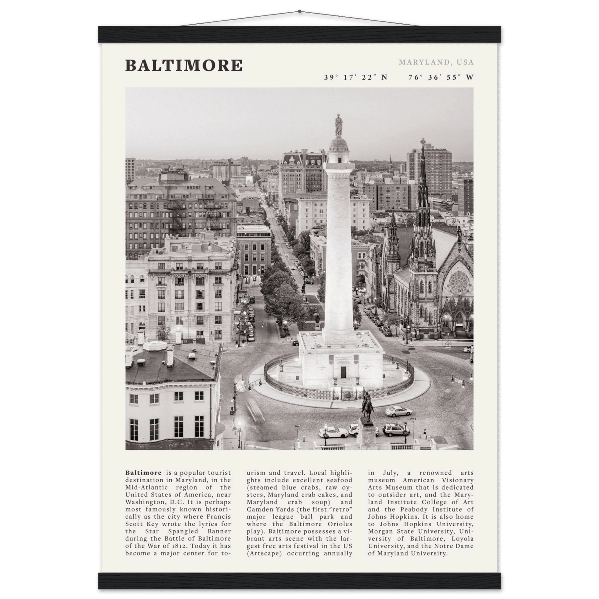Baltimore Poster | Black & White Maryland City Wall Art | USA Travel Print - Evergreen Posters