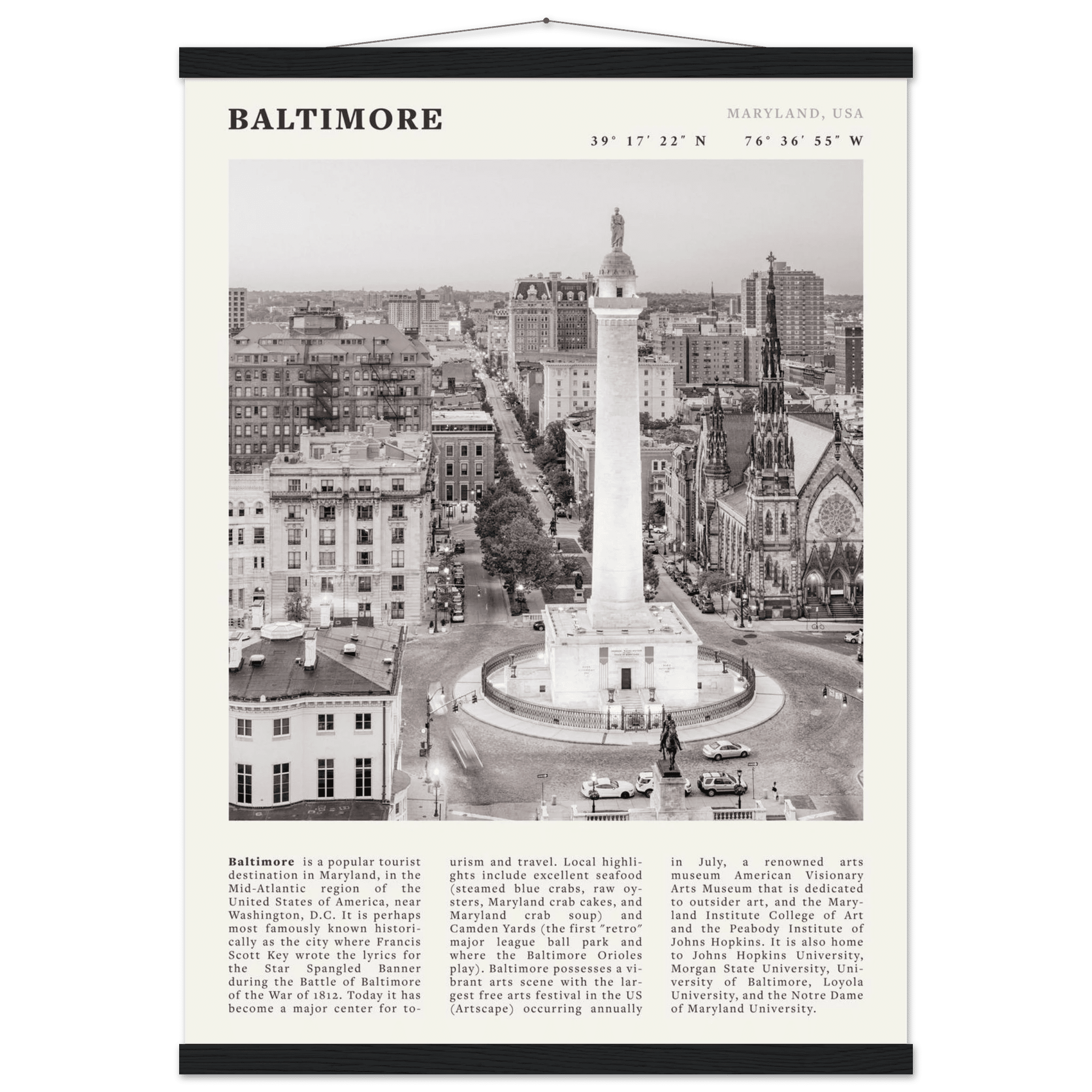 Baltimore Poster | Black & White Maryland City Wall Art | USA Travel Print - Evergreen Posters
