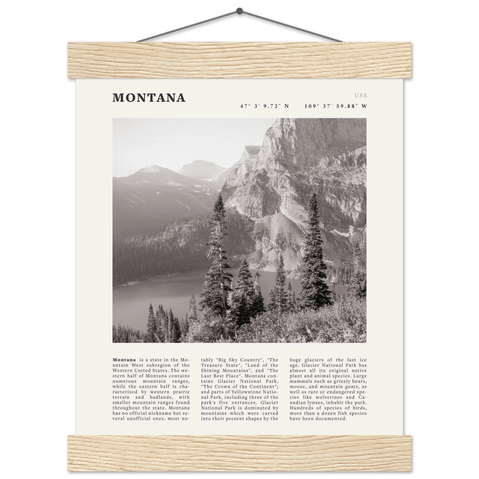 Montana Poster | Black & White Glacier National Park Wall Art | Nature Travel Print - Evergreen Posters