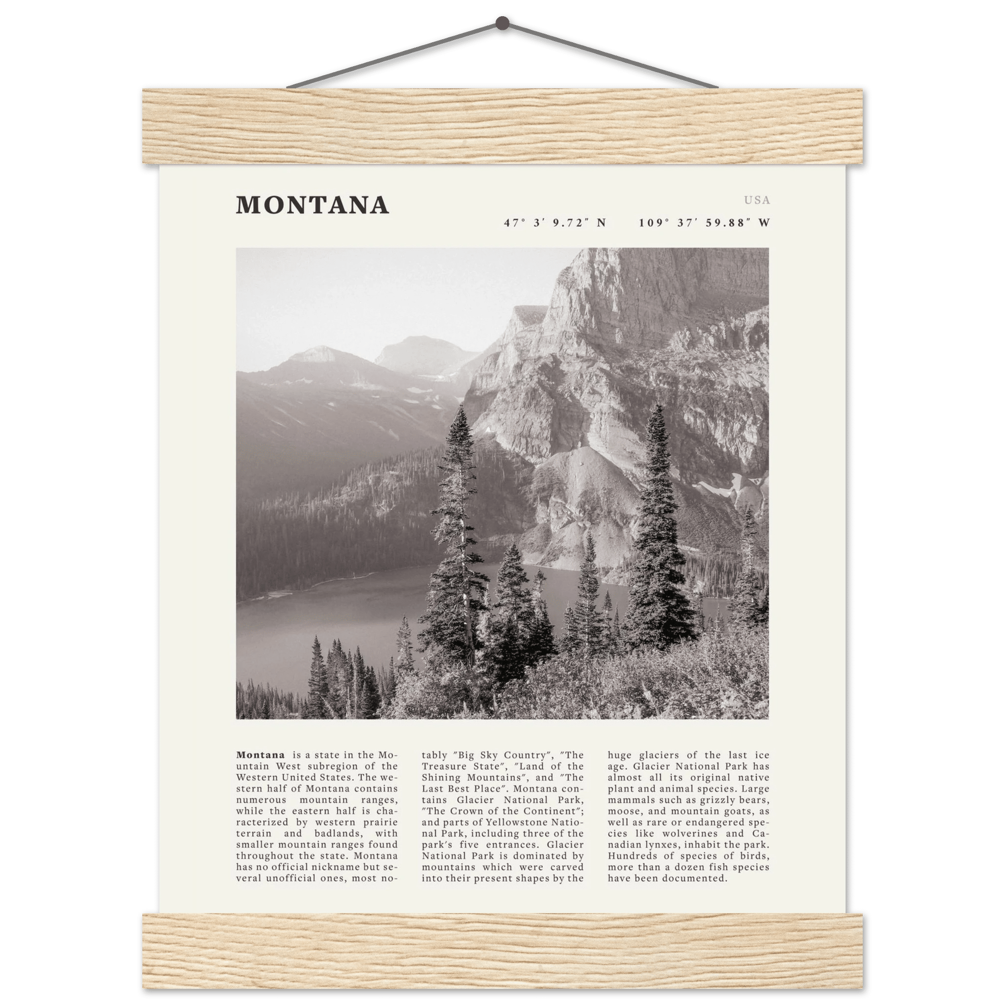 Montana Poster | Black & White Glacier National Park Wall Art | Nature Travel Print - Evergreen Posters