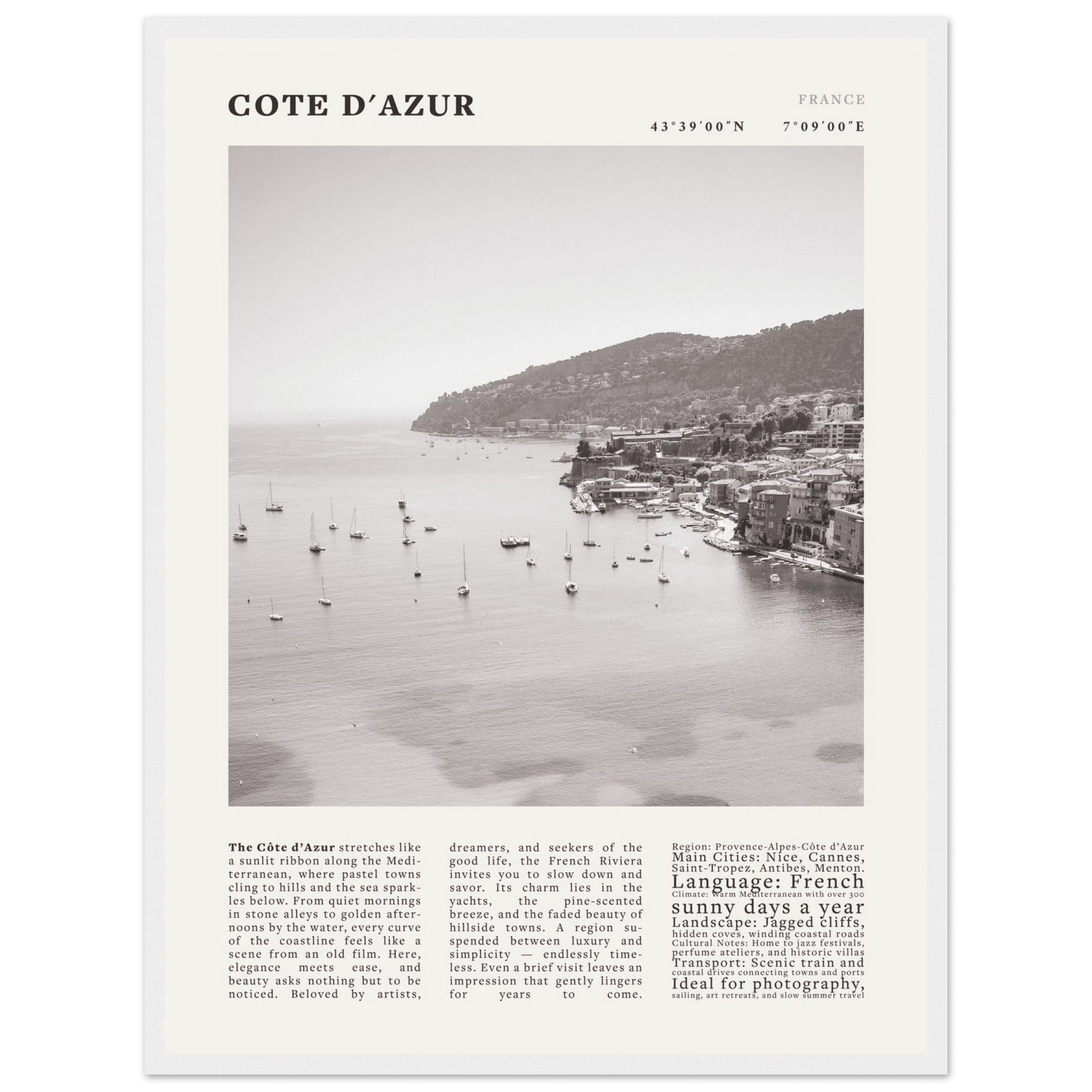 Côte d'Azur Poster Black and White – Vintage French Riviera Coast Print (Digital & Printed Options) - Evergreen Posters