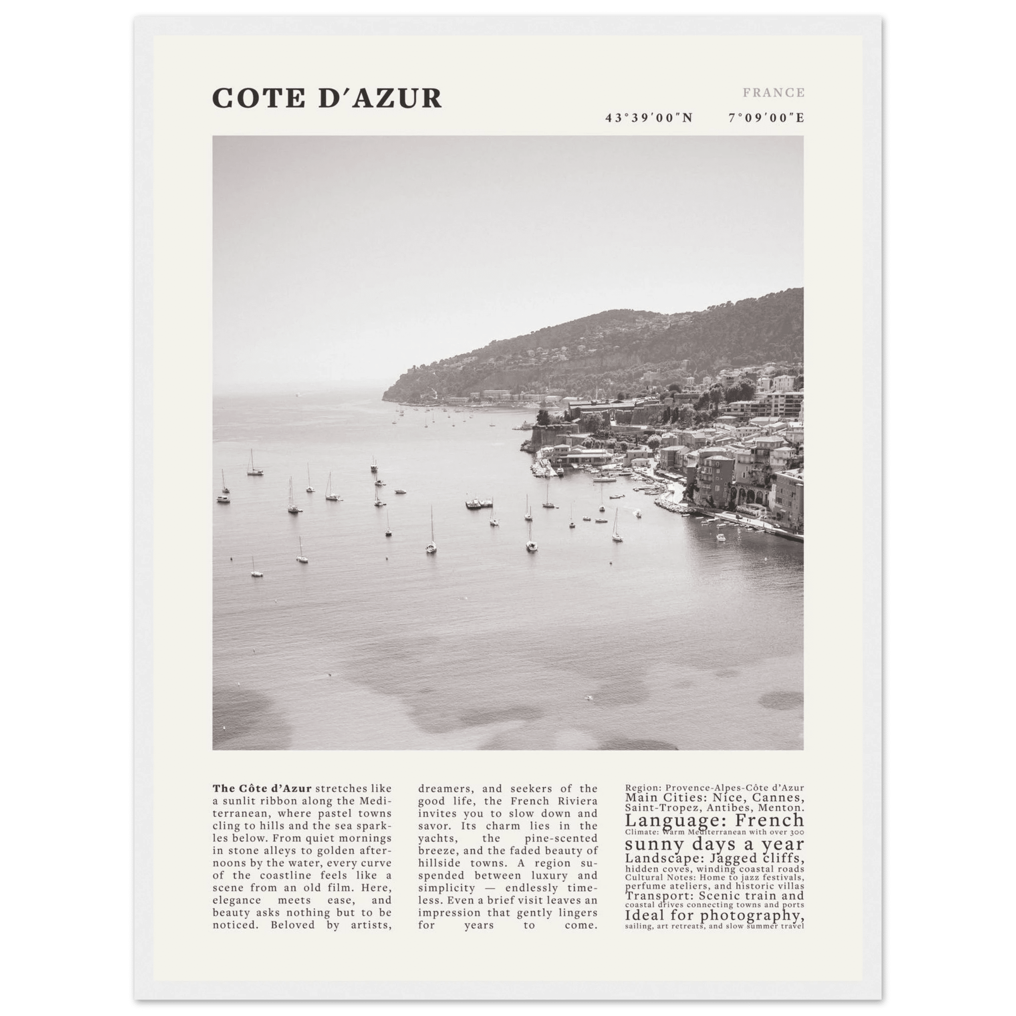 Côte d'Azur Poster Black and White – Vintage French Riviera Coast Print (Digital & Printed Options) - Evergreen Posters