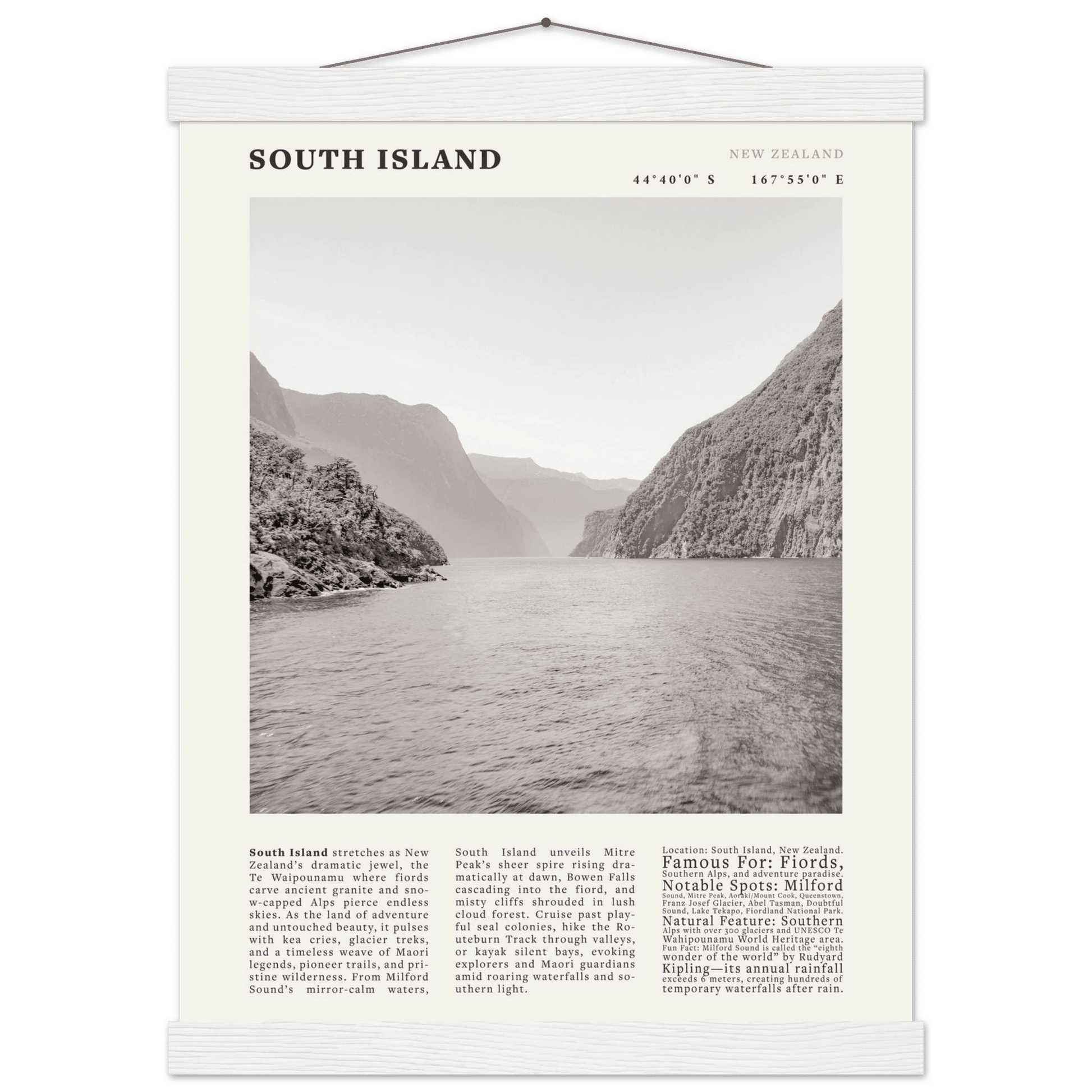South Island New Zealand Poster Black and White – Vintage Milford Sound Fjord Print - Evergreen Posters