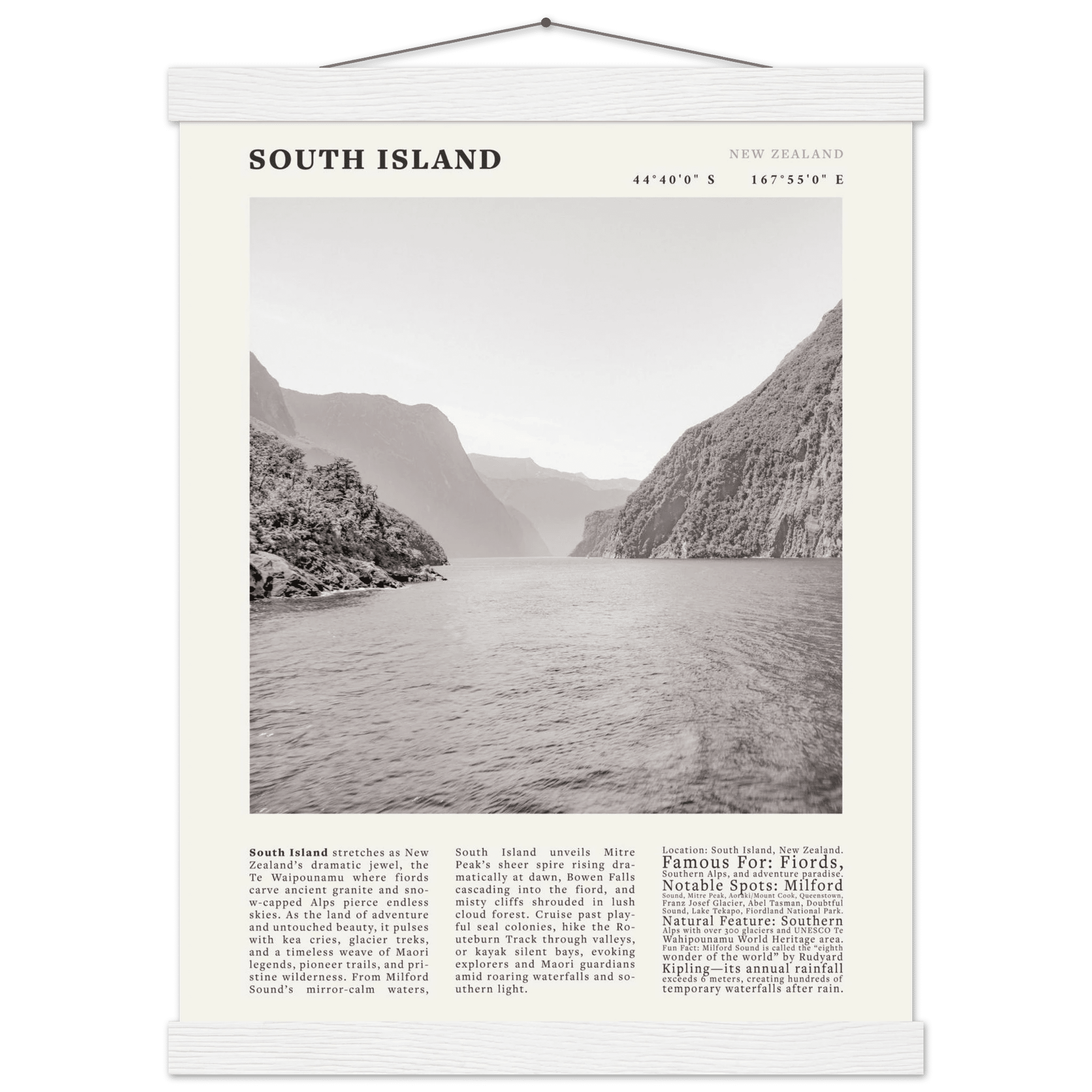 South Island New Zealand Poster Black and White – Vintage Milford Sound Fjord Print - Evergreen Posters