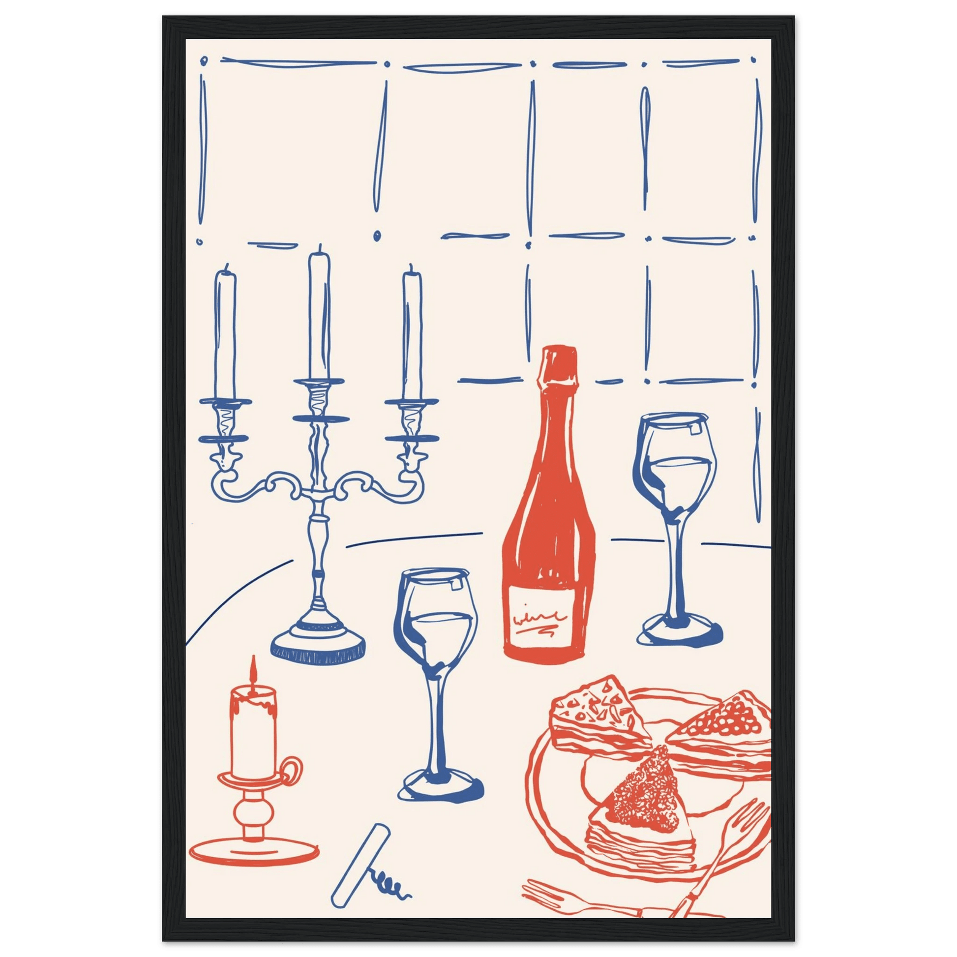 Candlelight Dinner Print | Wine & Candelabra Line Art Wall Art | Kitchen Poster - Evergreen Posters