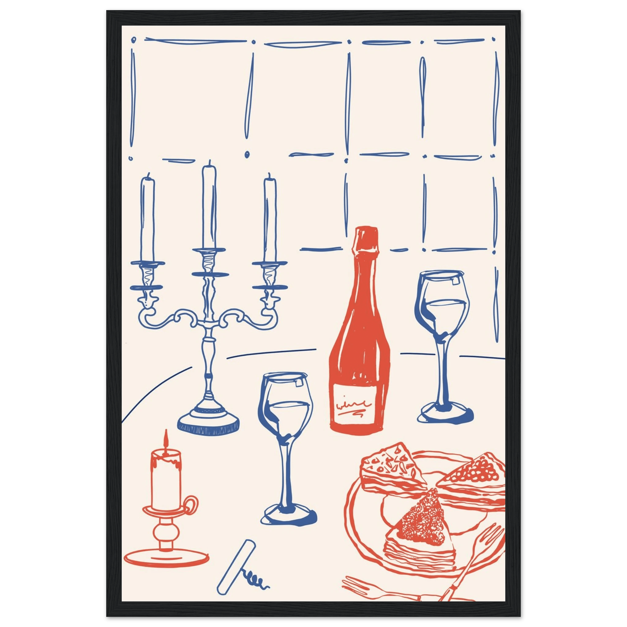 Candlelight Dinner Print | Wine & Candelabra Line Art Wall Art | Kitchen Poster - Evergreen Posters