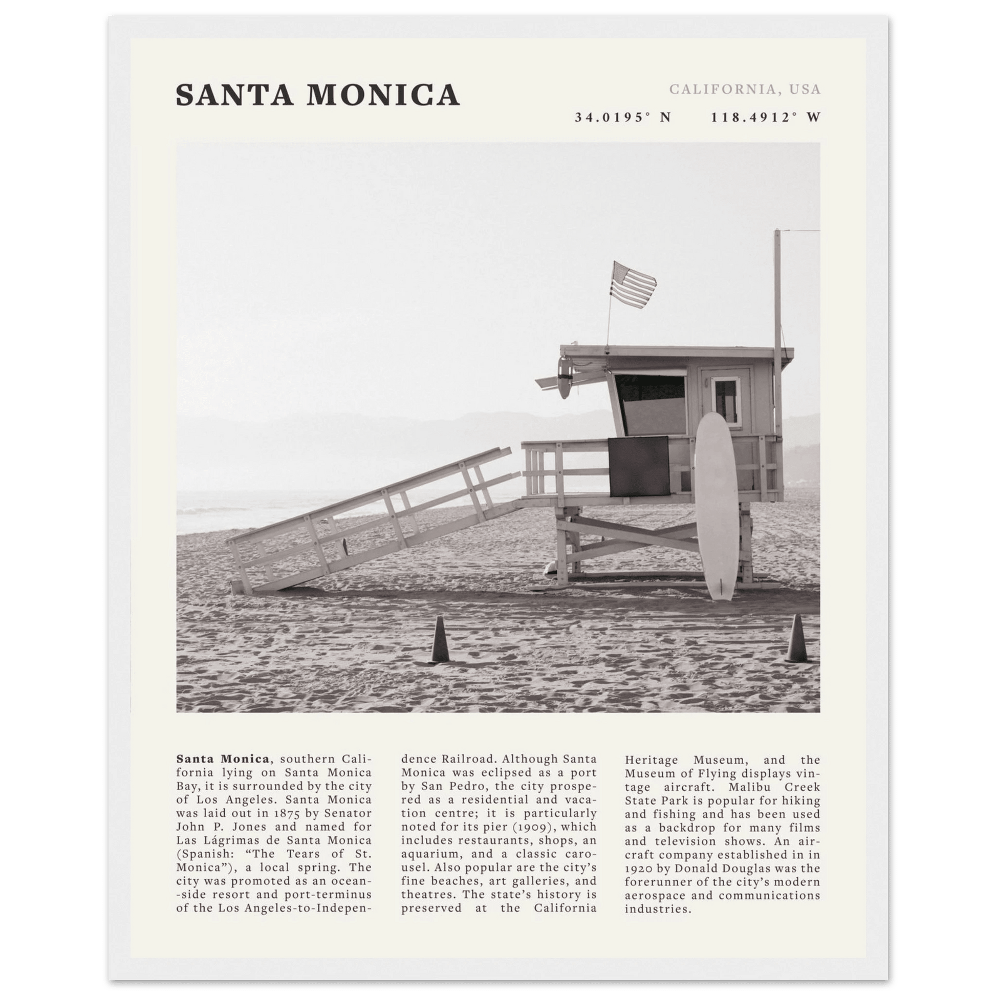 Santa Monica Poster | Black & White California Wall Art | Beach Travel Print | Coastal Decor - Evergreen Posters
