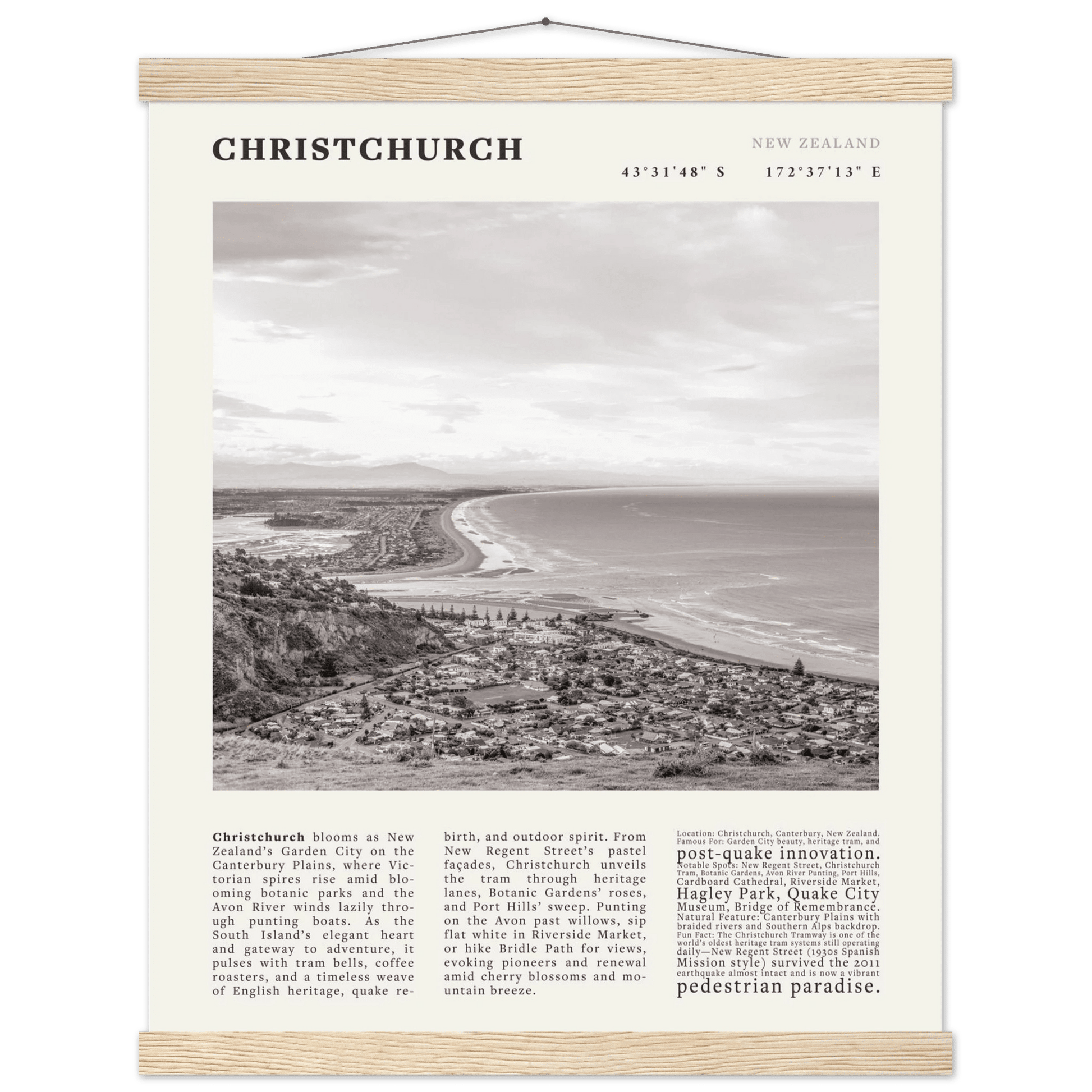 Christchurch New Zealand Poster Black and White – Vintage Garden City Panorama Print - Evergreen Posters