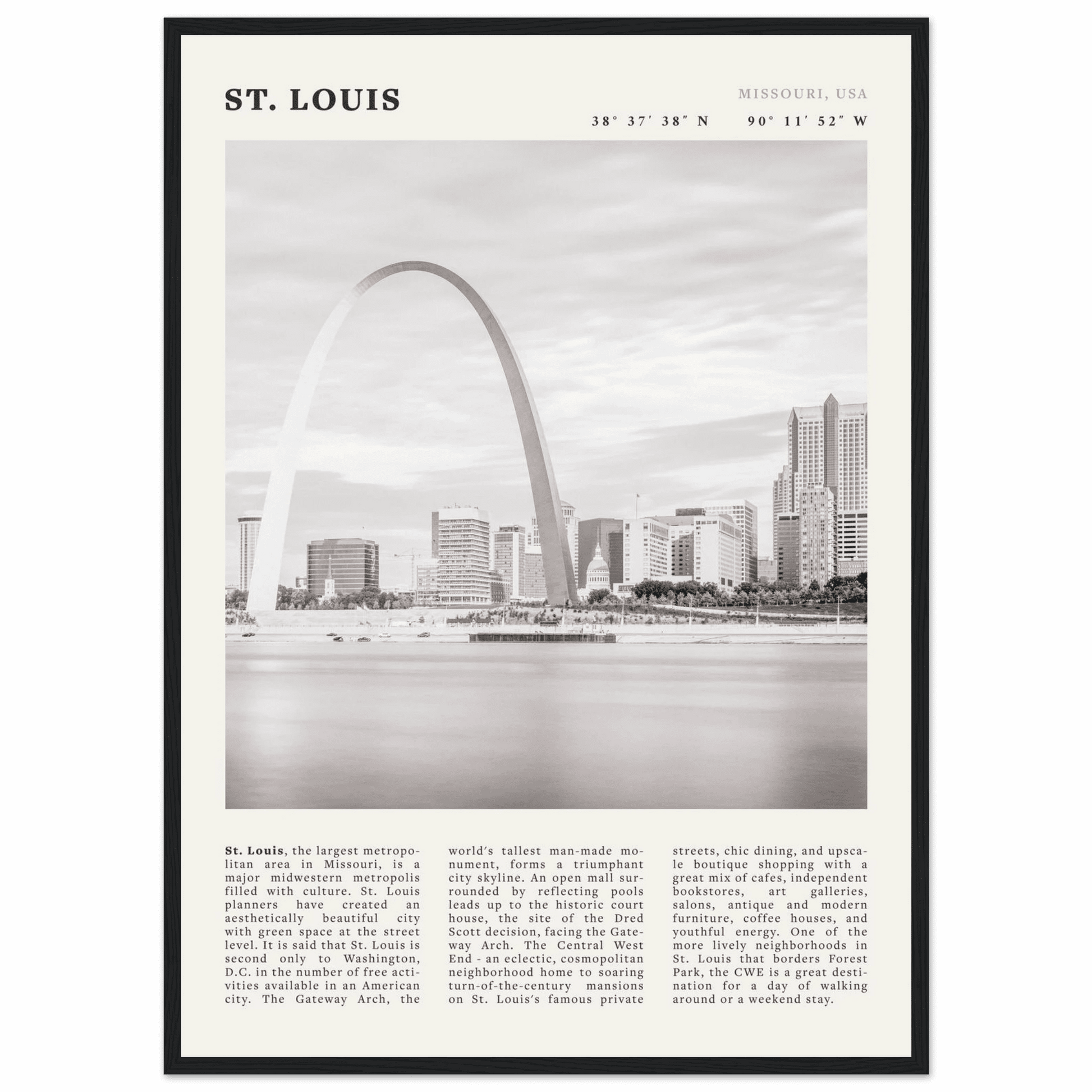 St. Louis Poster | Black & White Gateway Arch Wall Art | Missouri Travel Print - Evergreen Posters