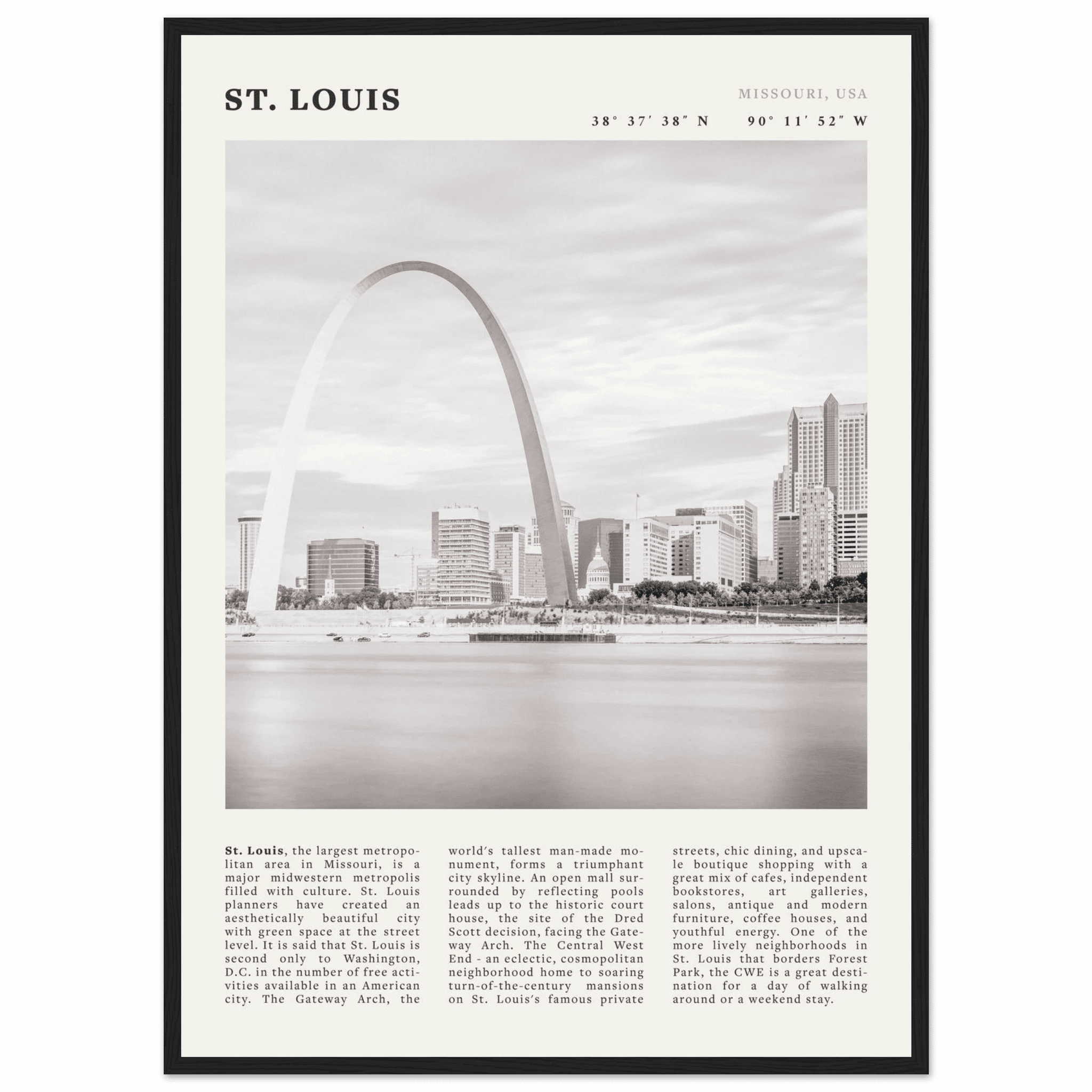 St. Louis Poster | Black & White Gateway Arch Wall Art | Missouri Travel Print - Evergreen Posters