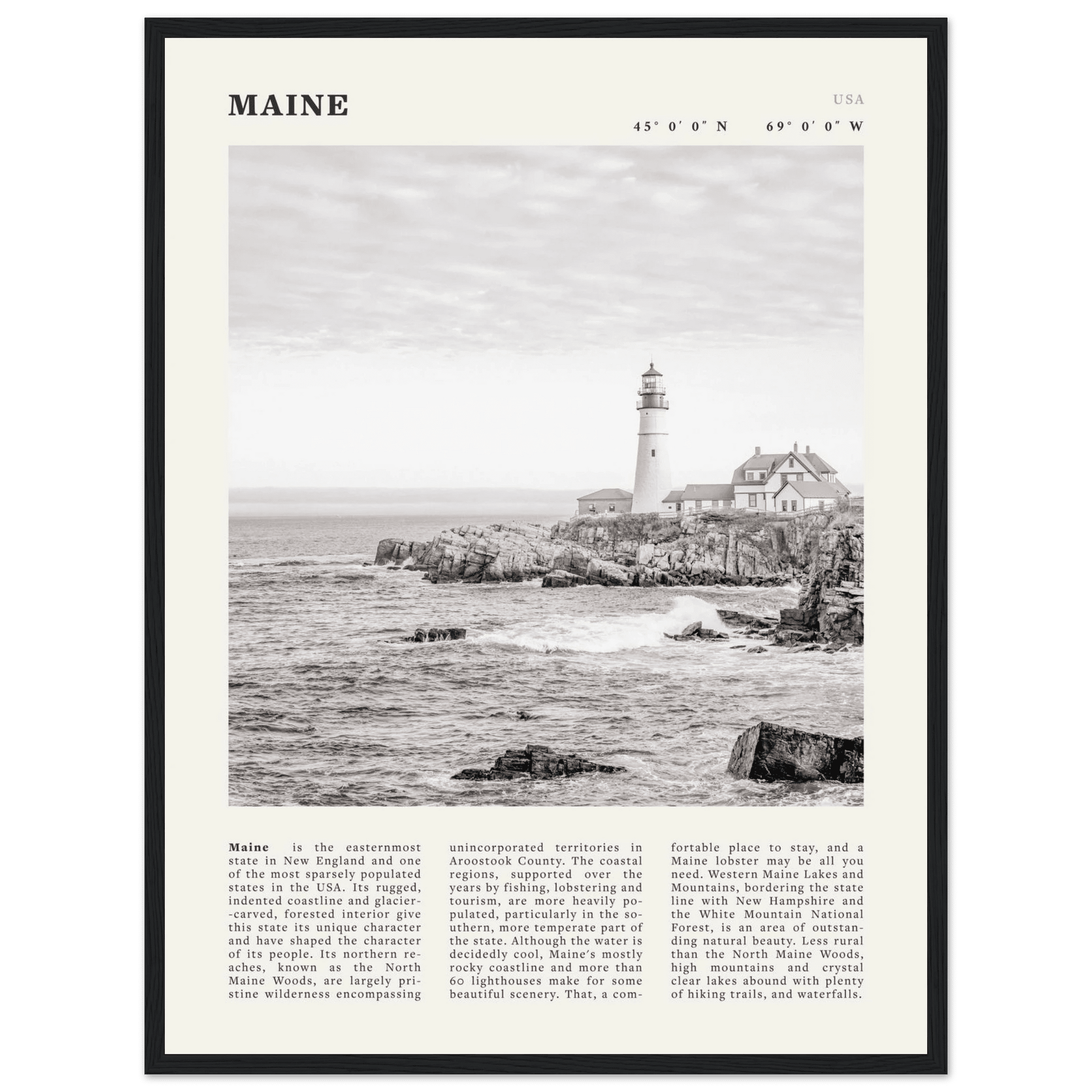 Maine Poster | Black & White Lighthouse Wall Art | New England Coastal Travel Print - Evergreen Posters