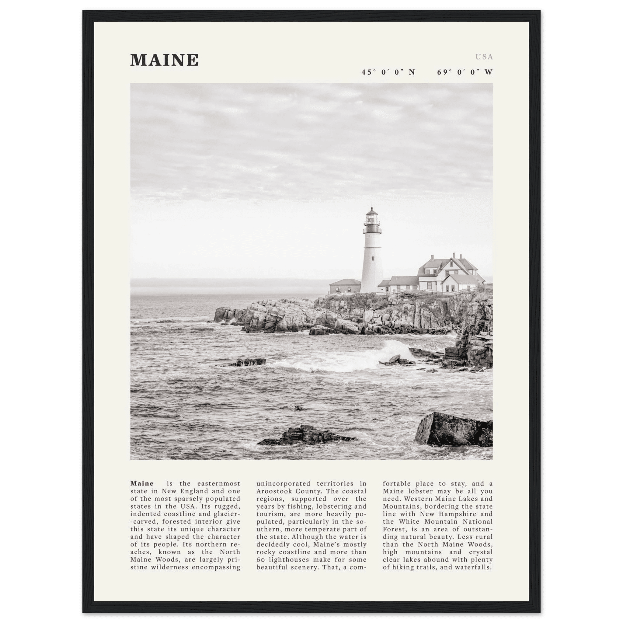 Maine Poster | Black & White Lighthouse Wall Art | New England Coastal Travel Print - Evergreen Posters