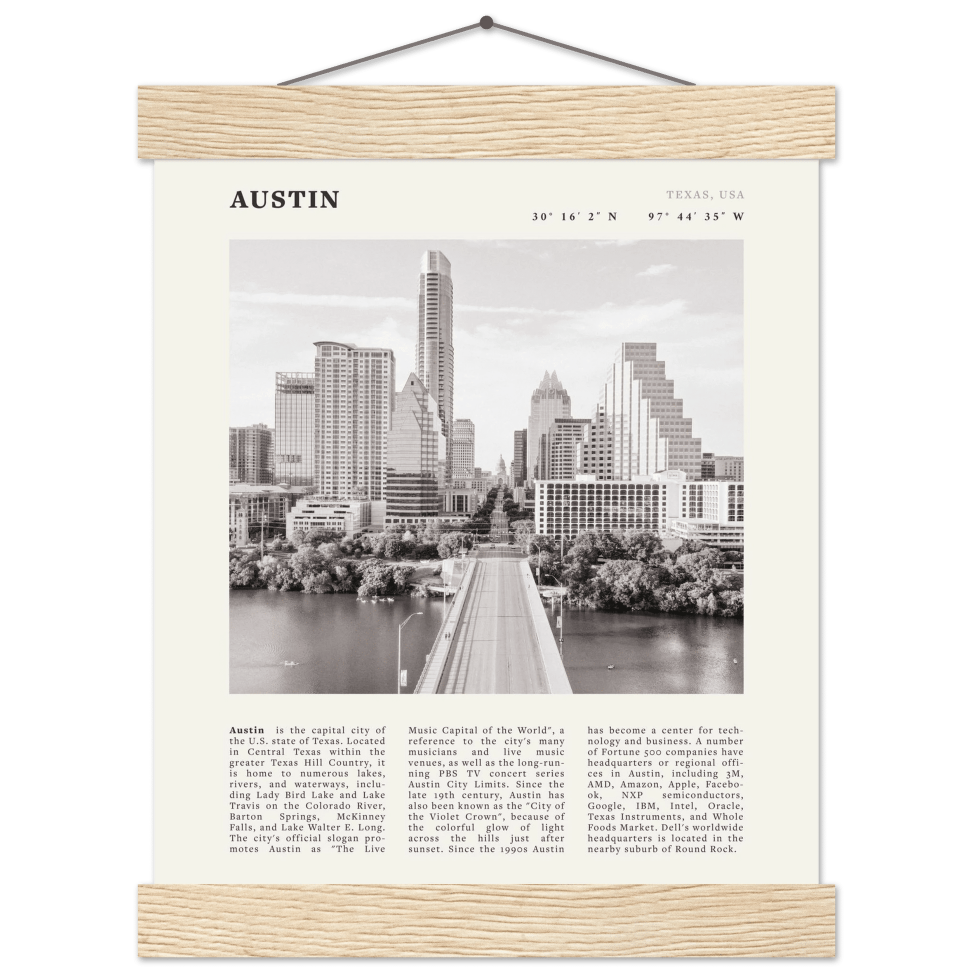 Austin Poster | Black & White Texas Skyline Wall Art | City Travel Print Decor - Evergreen Posters