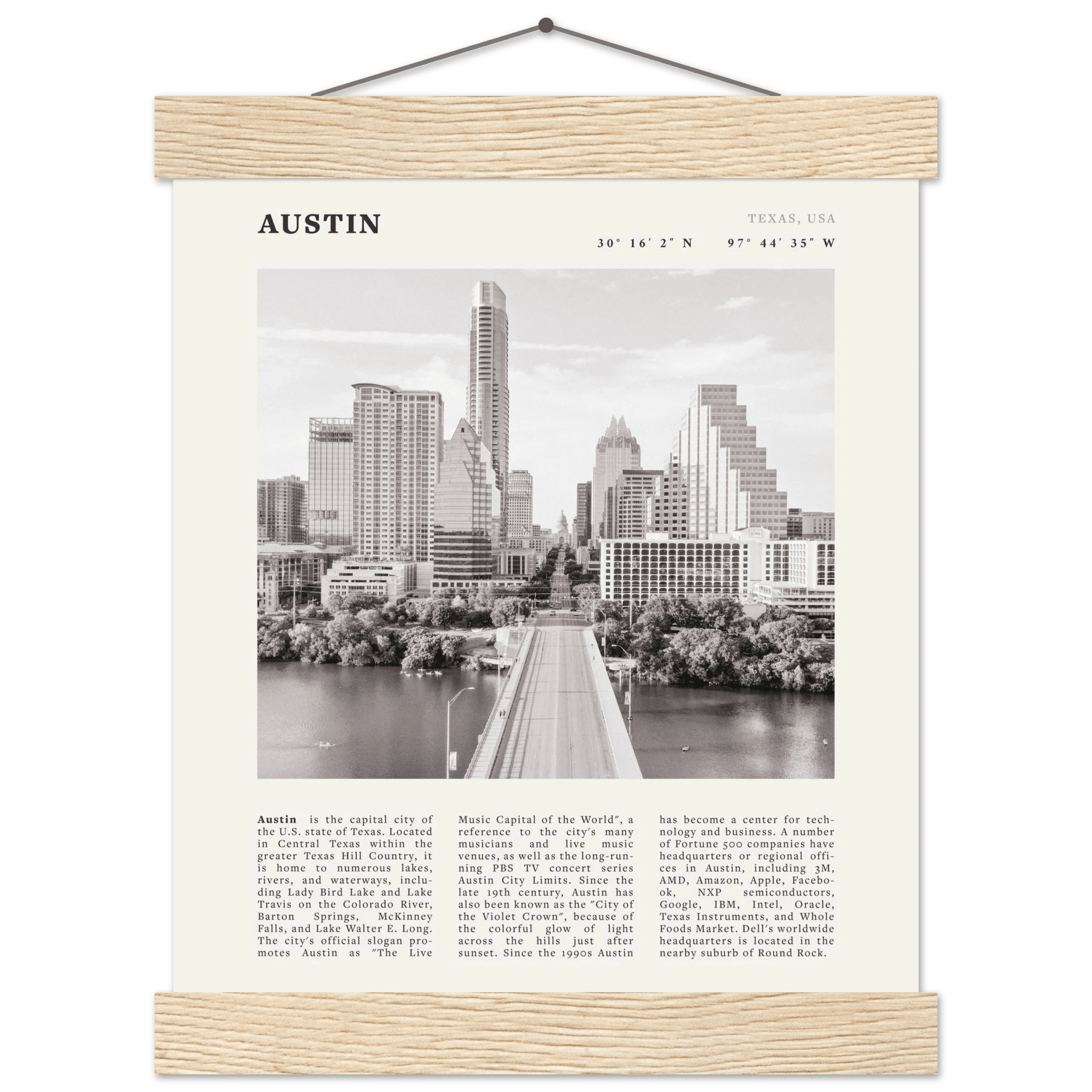Austin Poster | Black & White Texas Skyline Wall Art | City Travel Print Decor - Evergreen Posters