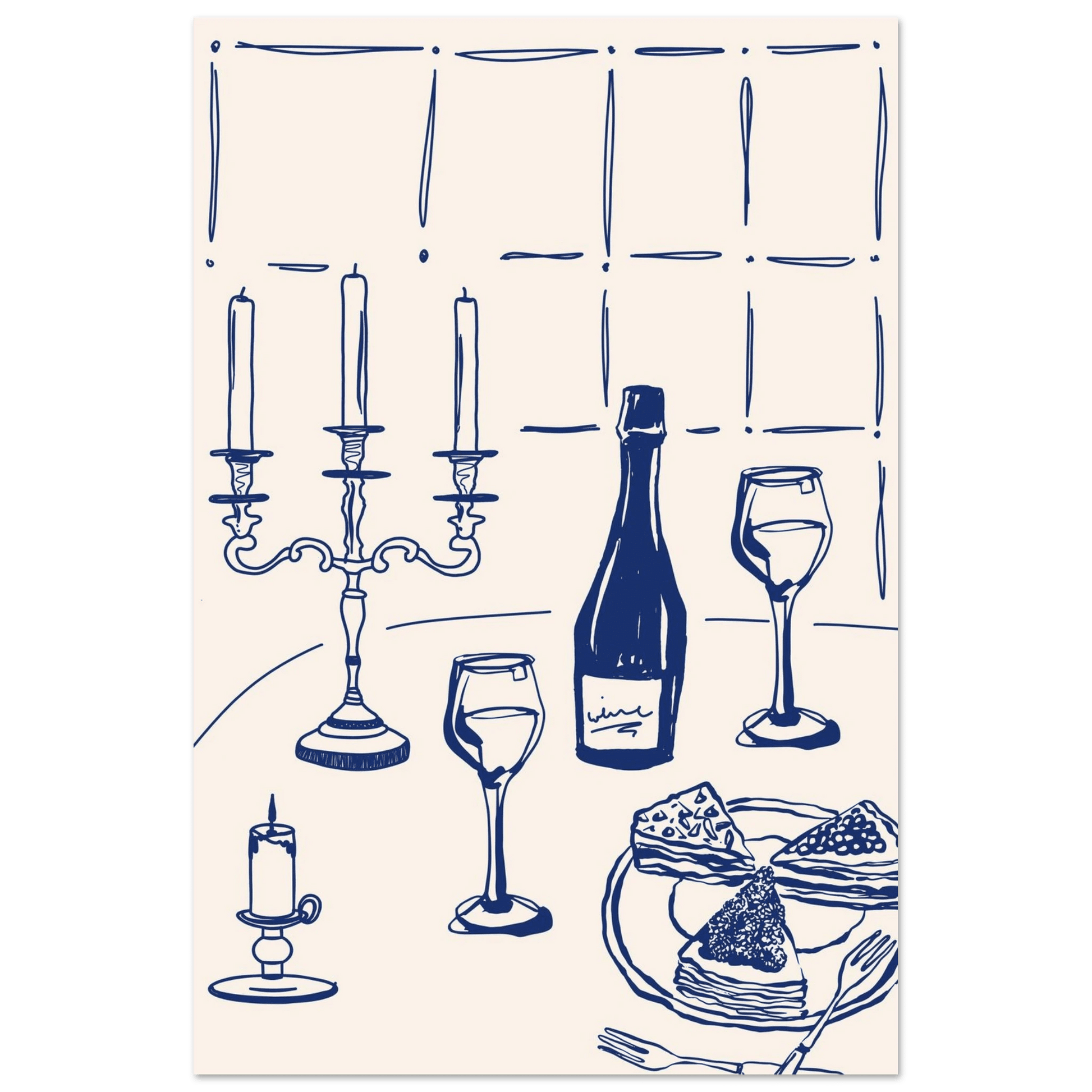 Candlelight Dinner Print | Navy Blue Wine & Candelabra Line Art | Kitchen Poster - Evergreen Posters