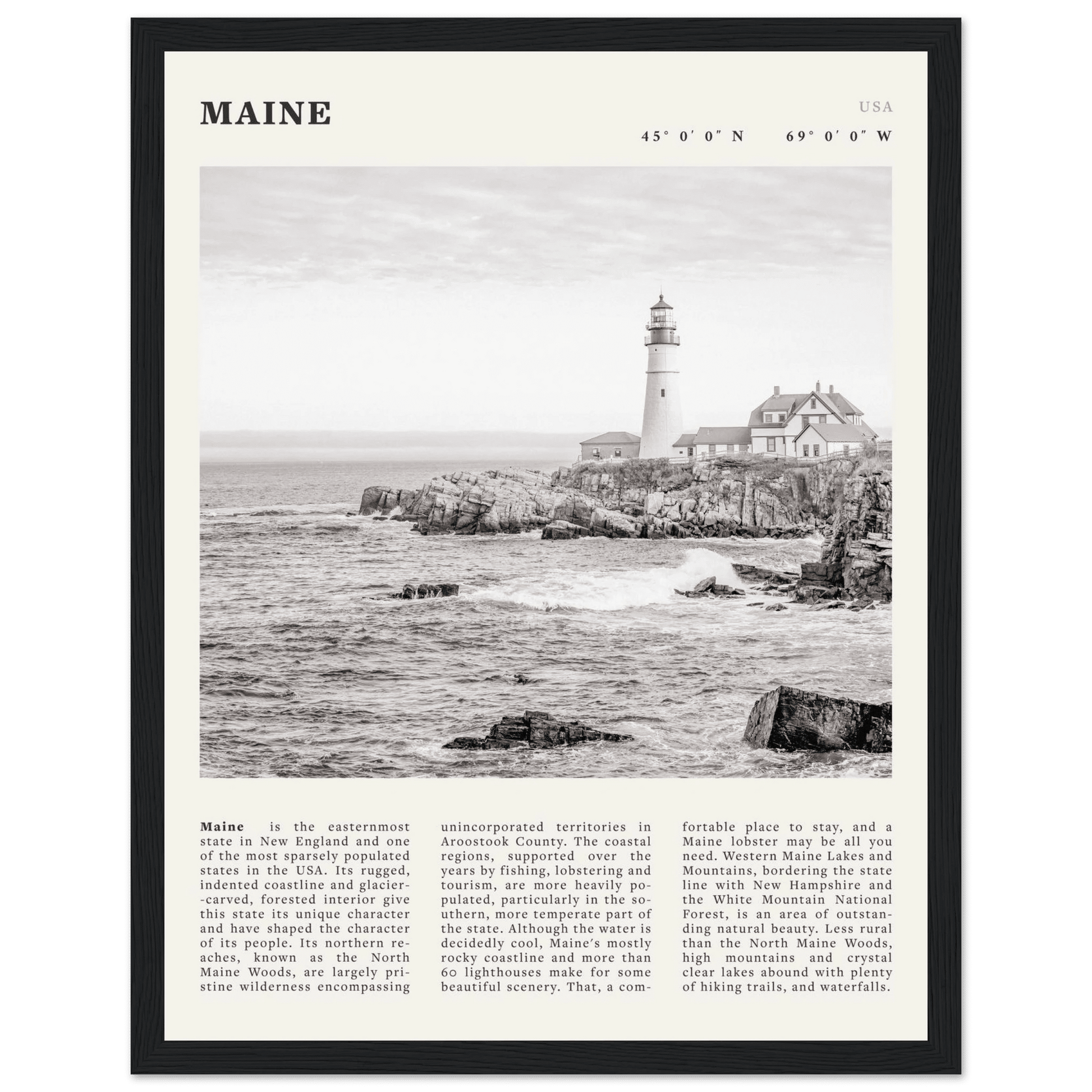 Maine Poster | Black & White Lighthouse Wall Art | New England Coastal Travel Print - Evergreen Posters