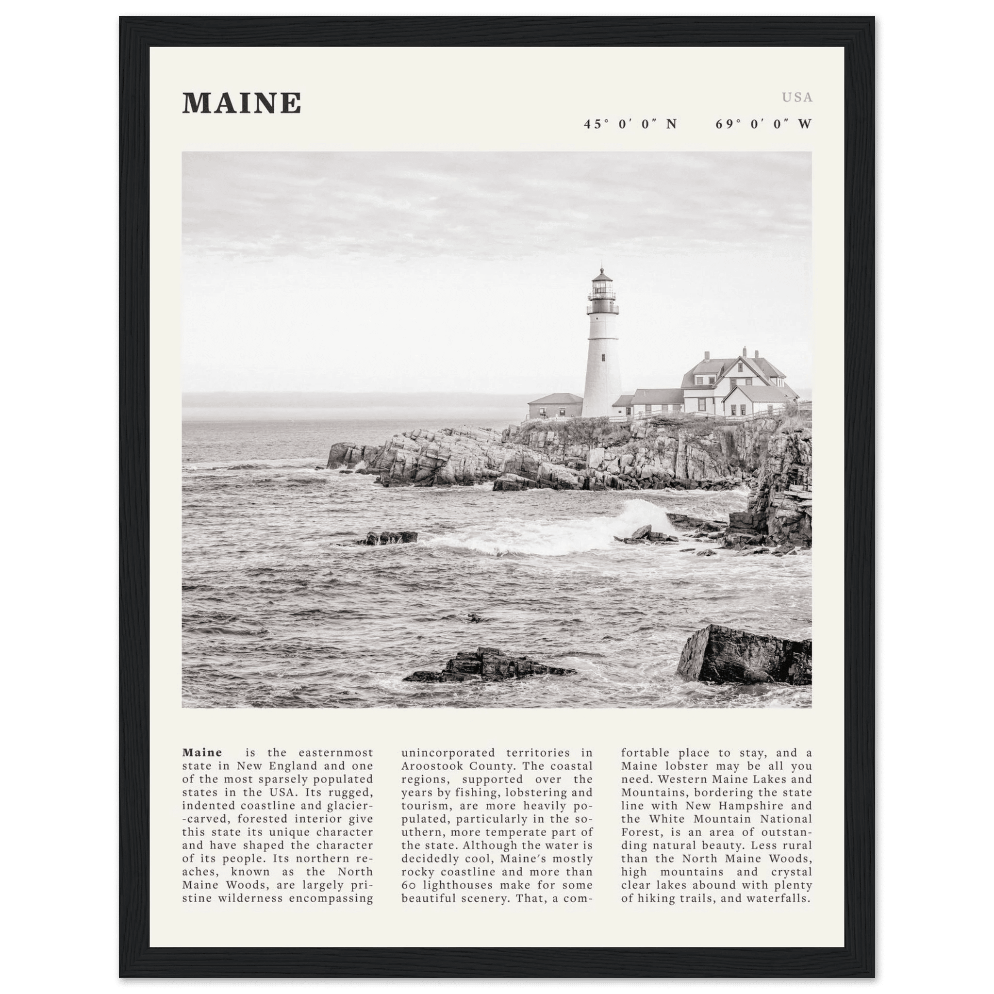 Maine Poster | Black & White Lighthouse Wall Art | New England Coastal Travel Print - Evergreen Posters