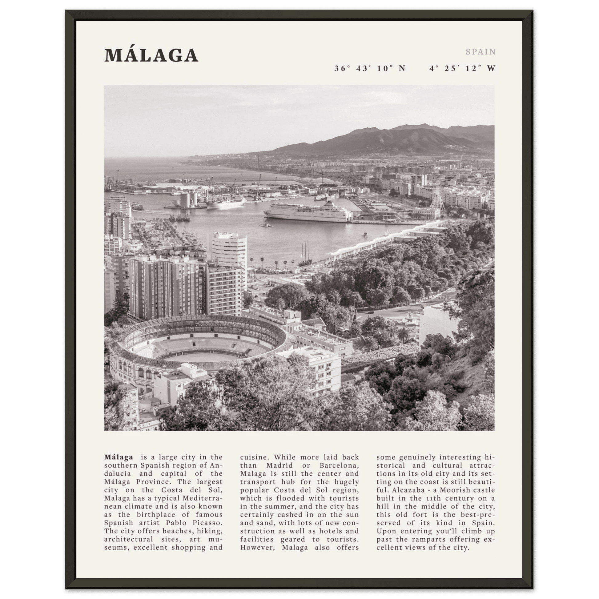 Málaga Poster | Black & White Costa del Sol Wall Art | Spain Travel Print - Evergreen Posters