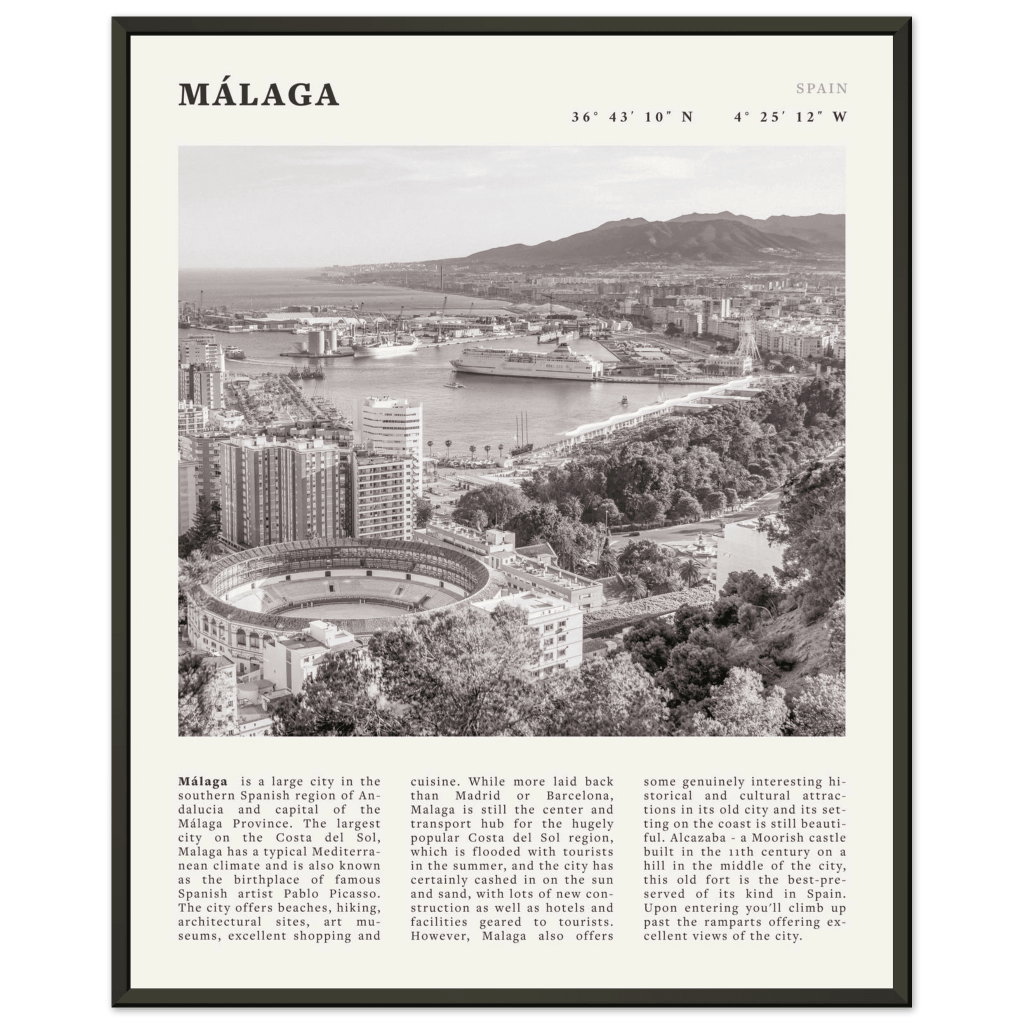 Málaga Poster | Black & White Costa del Sol Wall Art | Spain Travel Print - Evergreen Posters