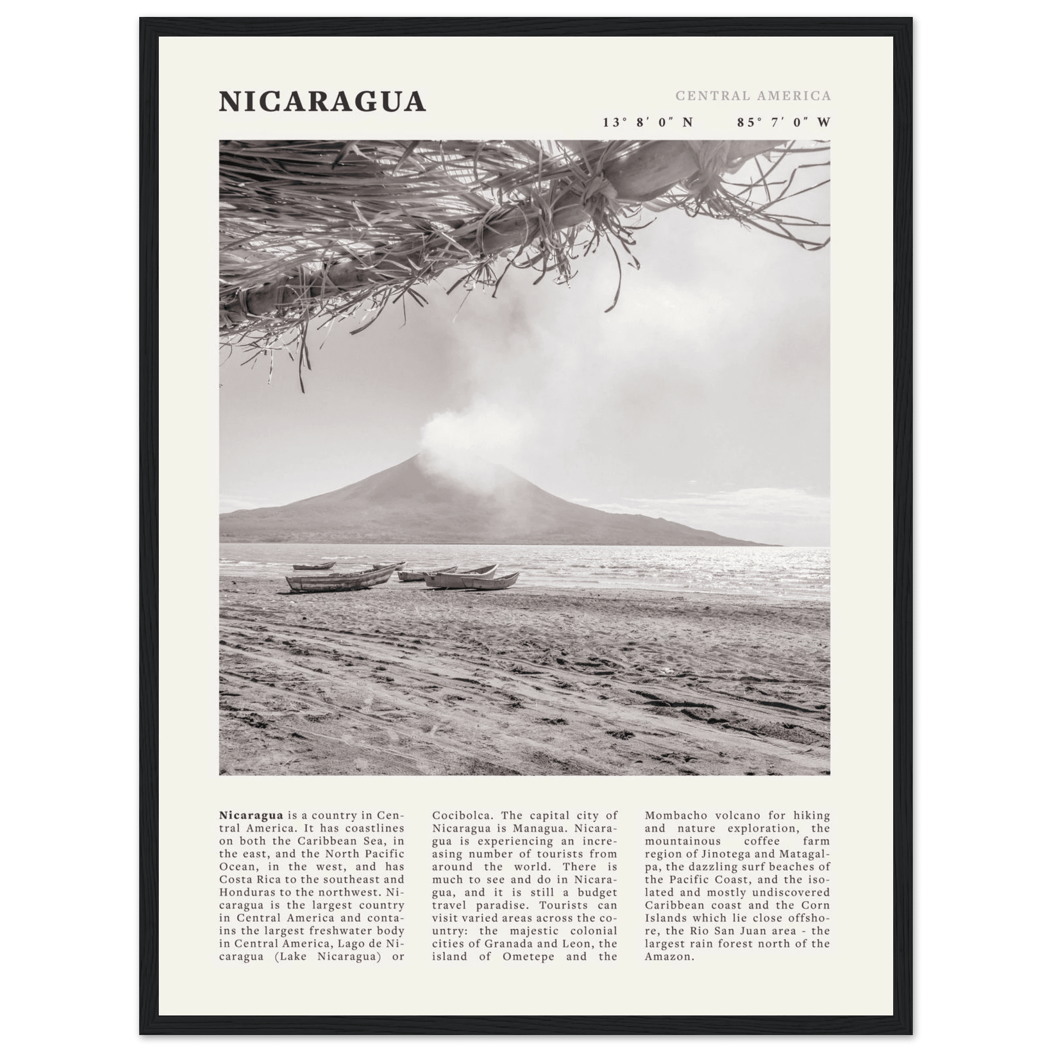 Nicaragua Poster | Black & White Volcano Wall Art | Central America Travel Print - Evergreen Posters