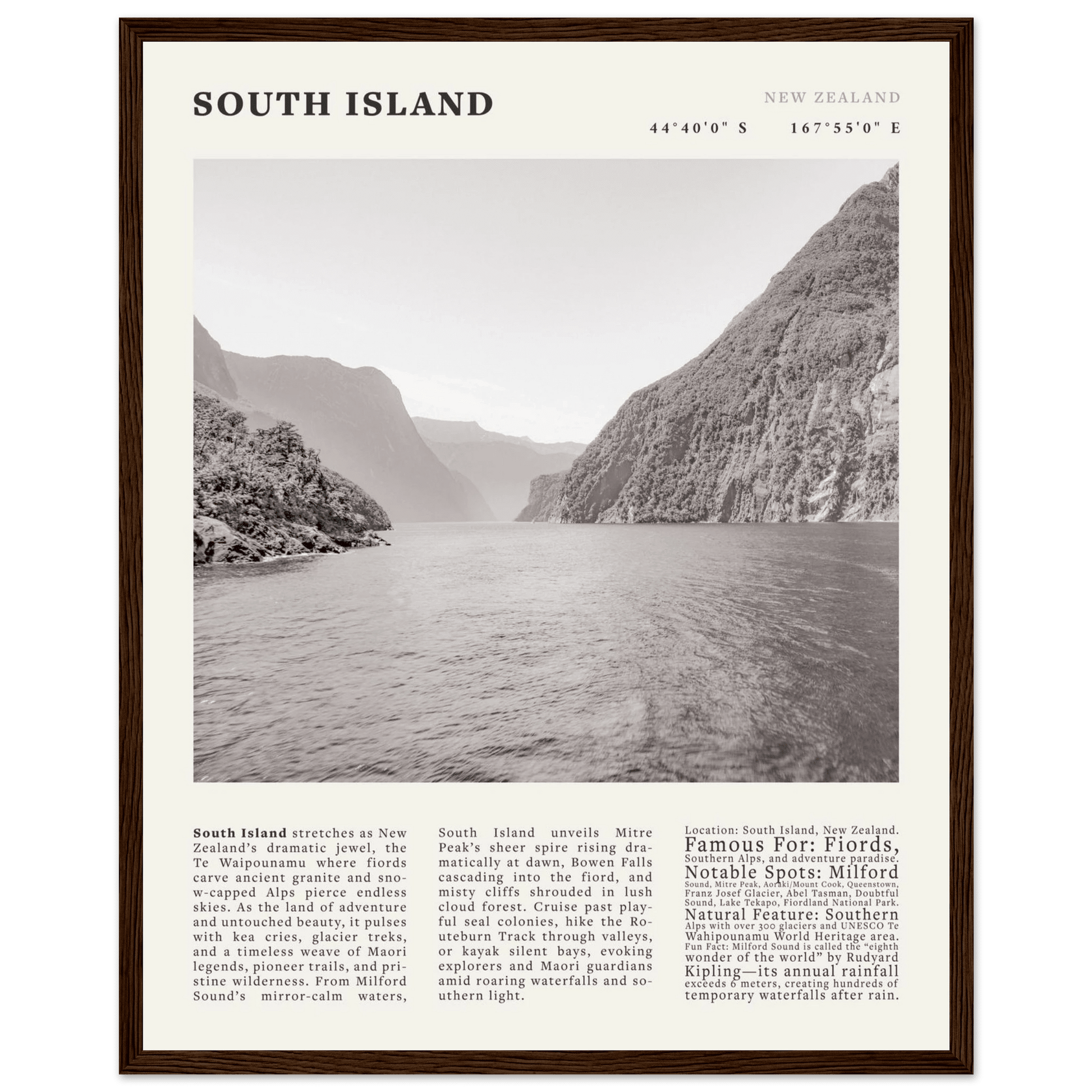 South Island New Zealand Poster Black and White – Vintage Milford Sound Fjord Print - Evergreen Posters