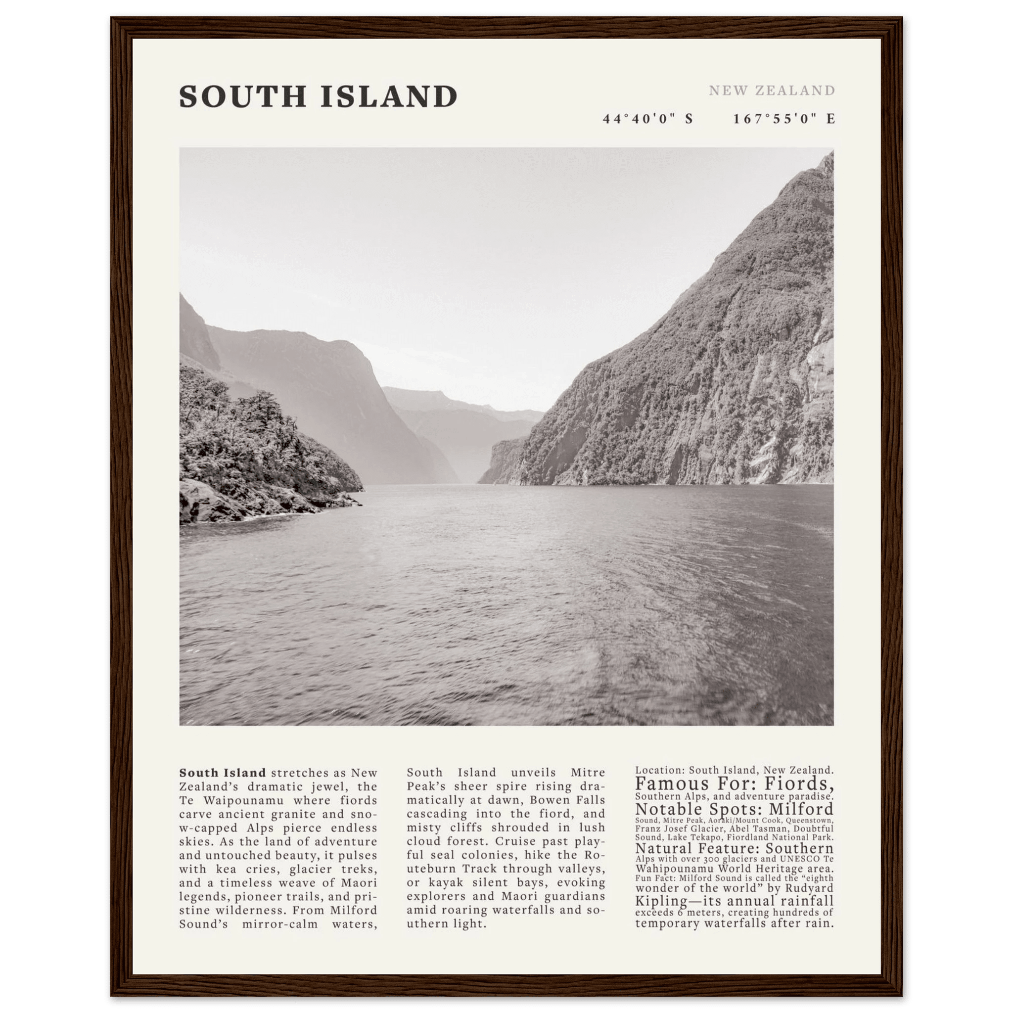 South Island New Zealand Poster Black and White – Vintage Milford Sound Fjord Print - Evergreen Posters