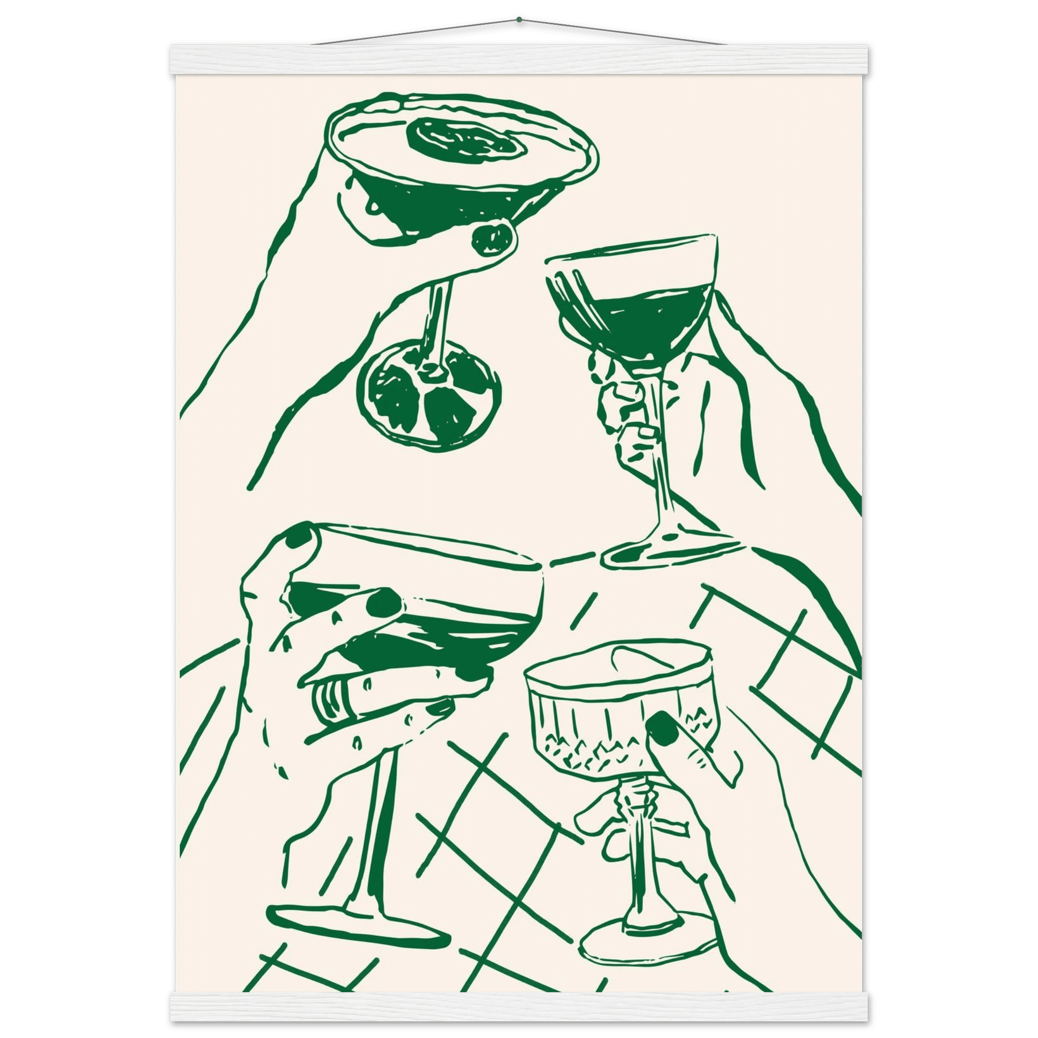 Cheers Print | Forest Green Cocktail Glasses Wall Art | Kitchen Bar Poster - Evergreen Posters
