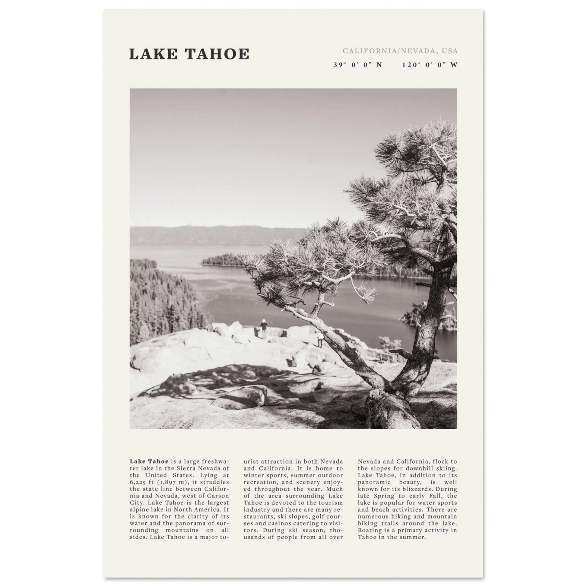 Lake Tahoe Poster | Black & White California Nevada Wall Art | Nature Travel Print Decor - Evergreen Posters