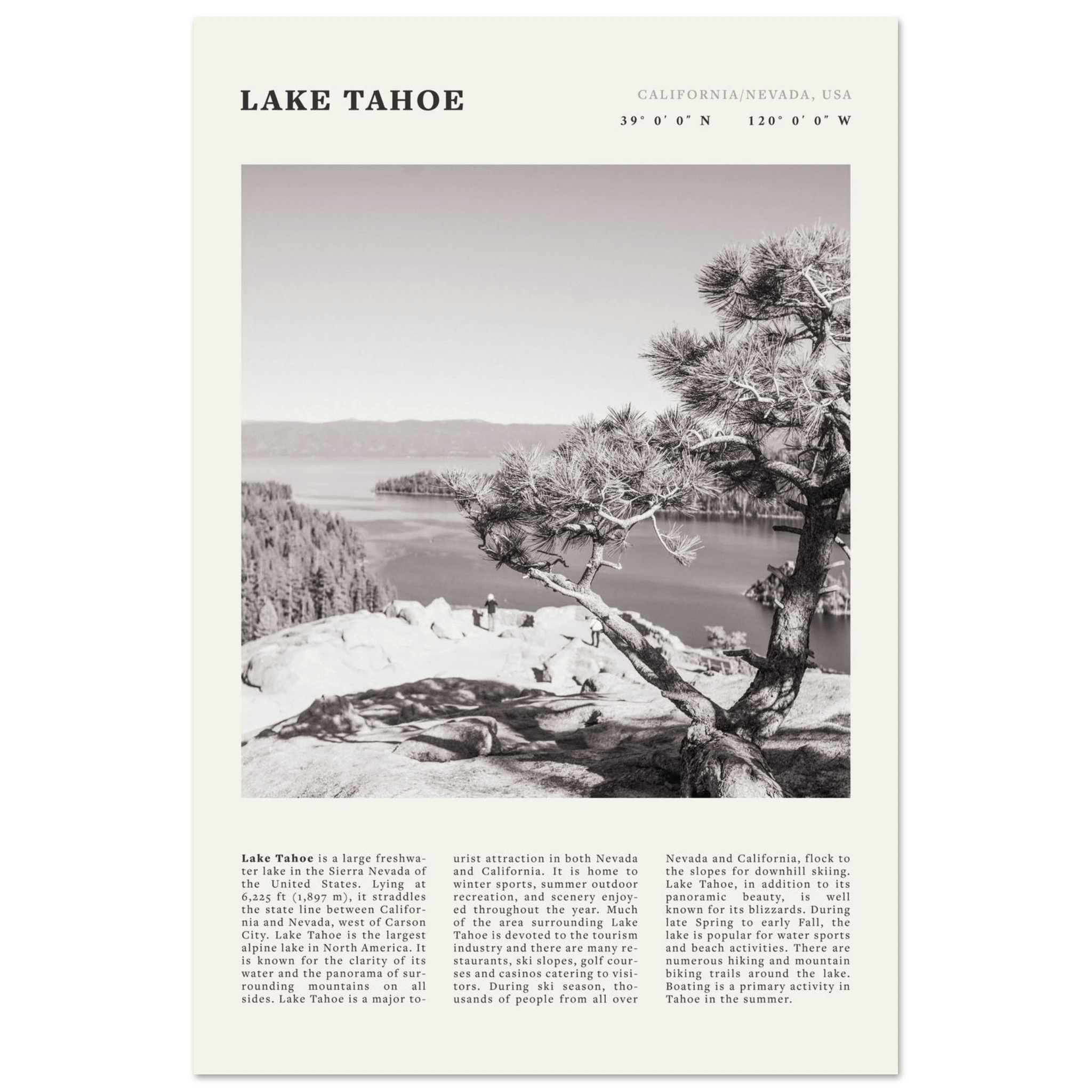 Lake Tahoe Poster | Black & White California Nevada Wall Art | Nature Travel Print Decor - Evergreen Posters