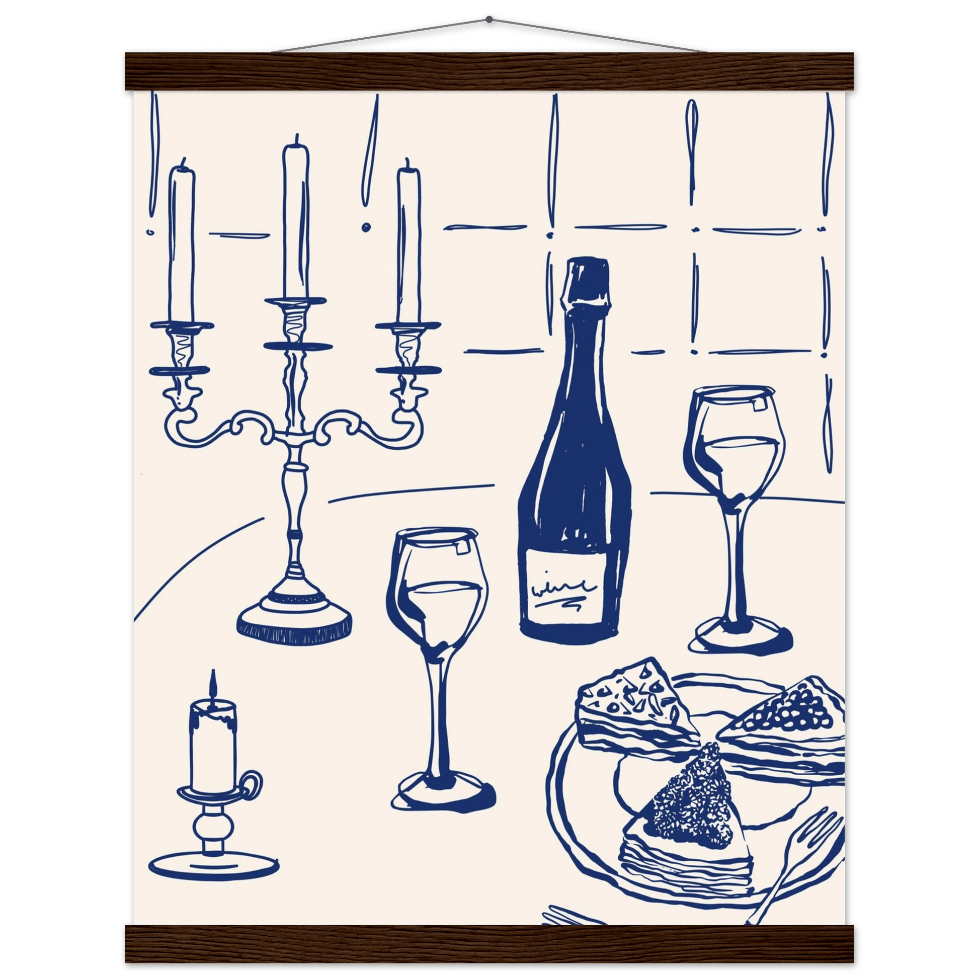 Candlelight Dinner Print | Navy Blue Wine & Candelabra Line Art | Kitchen Poster - Evergreen Posters