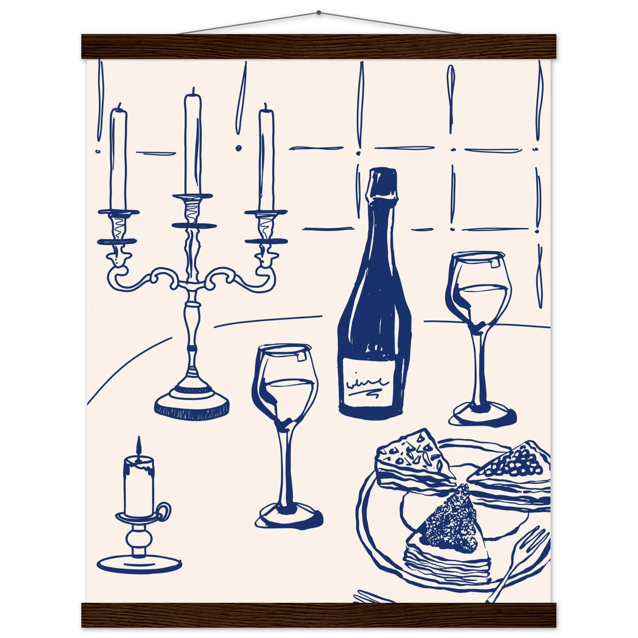 Candlelight Dinner Print | Navy Blue Wine & Candelabra Line Art | Kitchen Poster - Evergreen Posters