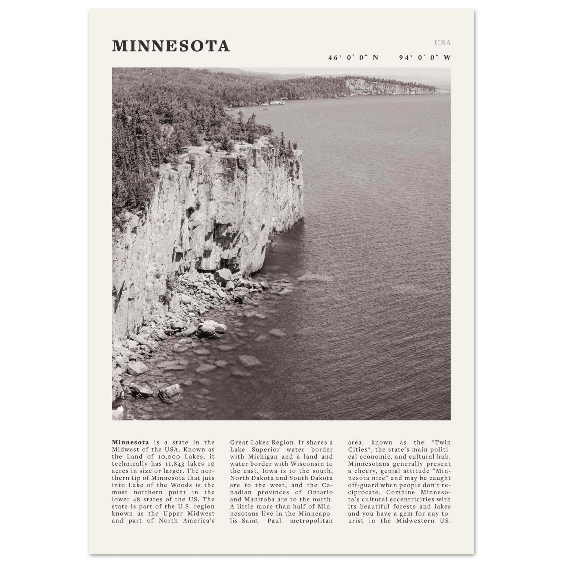 Minnesota Poster | Black & White Lake Superior Wall Art | USA Nature Travel Print - Evergreen Posters