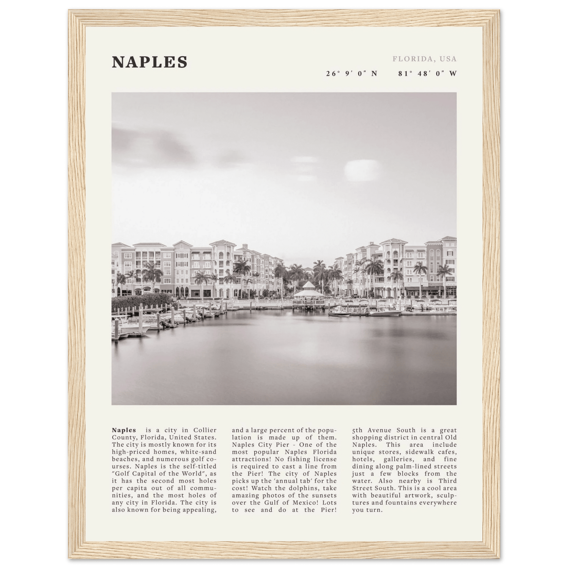Naples Florida Poster | Black & White Gulf Coast Wall Art | FL Travel Print - Evergreen Posters