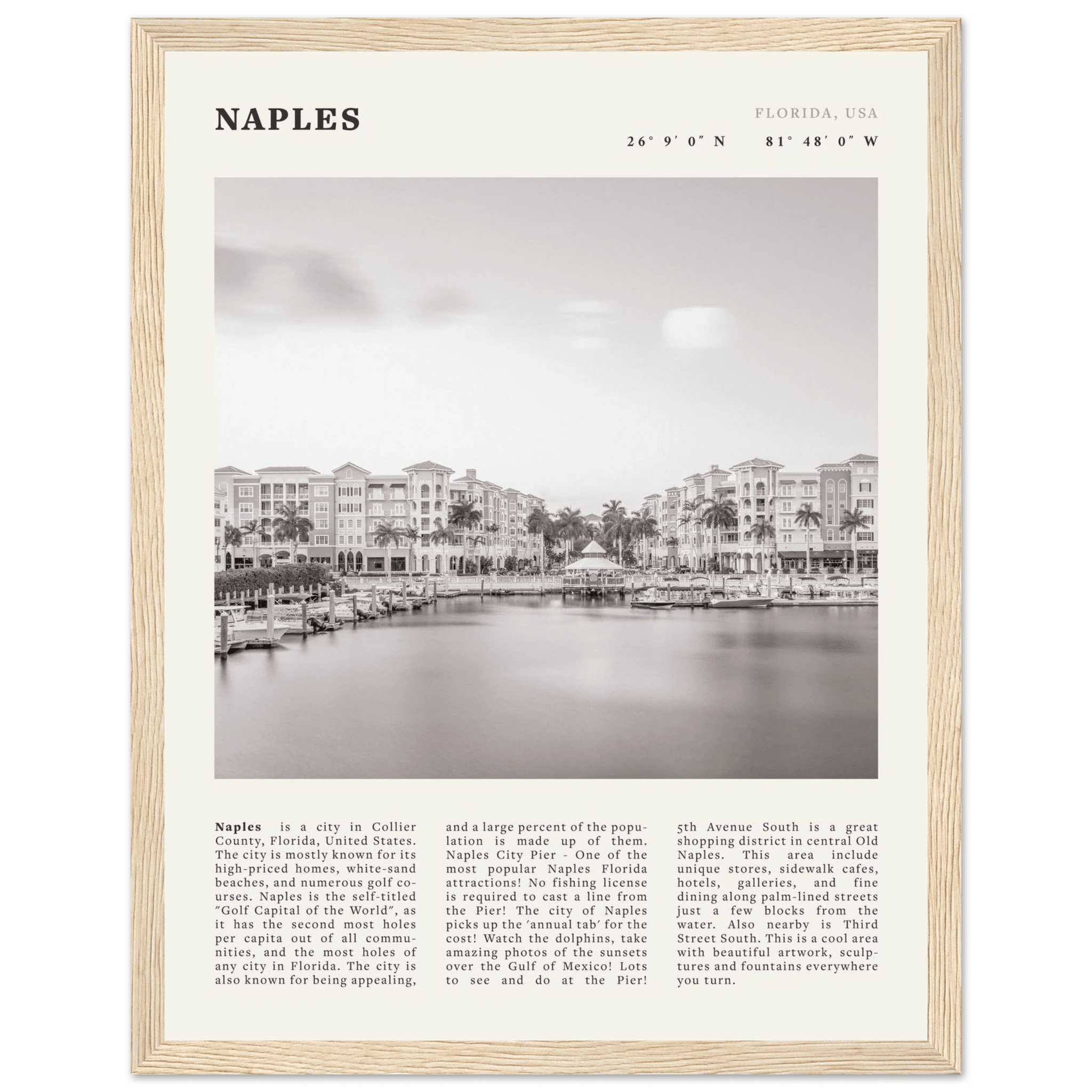 Naples Florida Poster | Black & White Gulf Coast Wall Art | FL Travel Print - Evergreen Posters