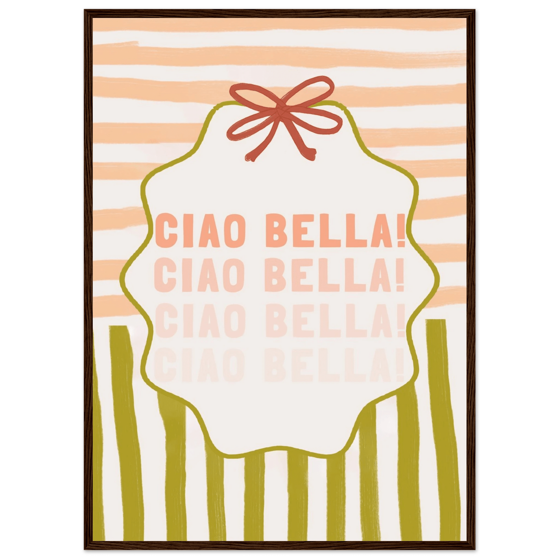 Ciao Bella Poster | Italian Typography Wall Art | Retro Stripe Bow Print | Cute Room Decor - Evergreen Posters
