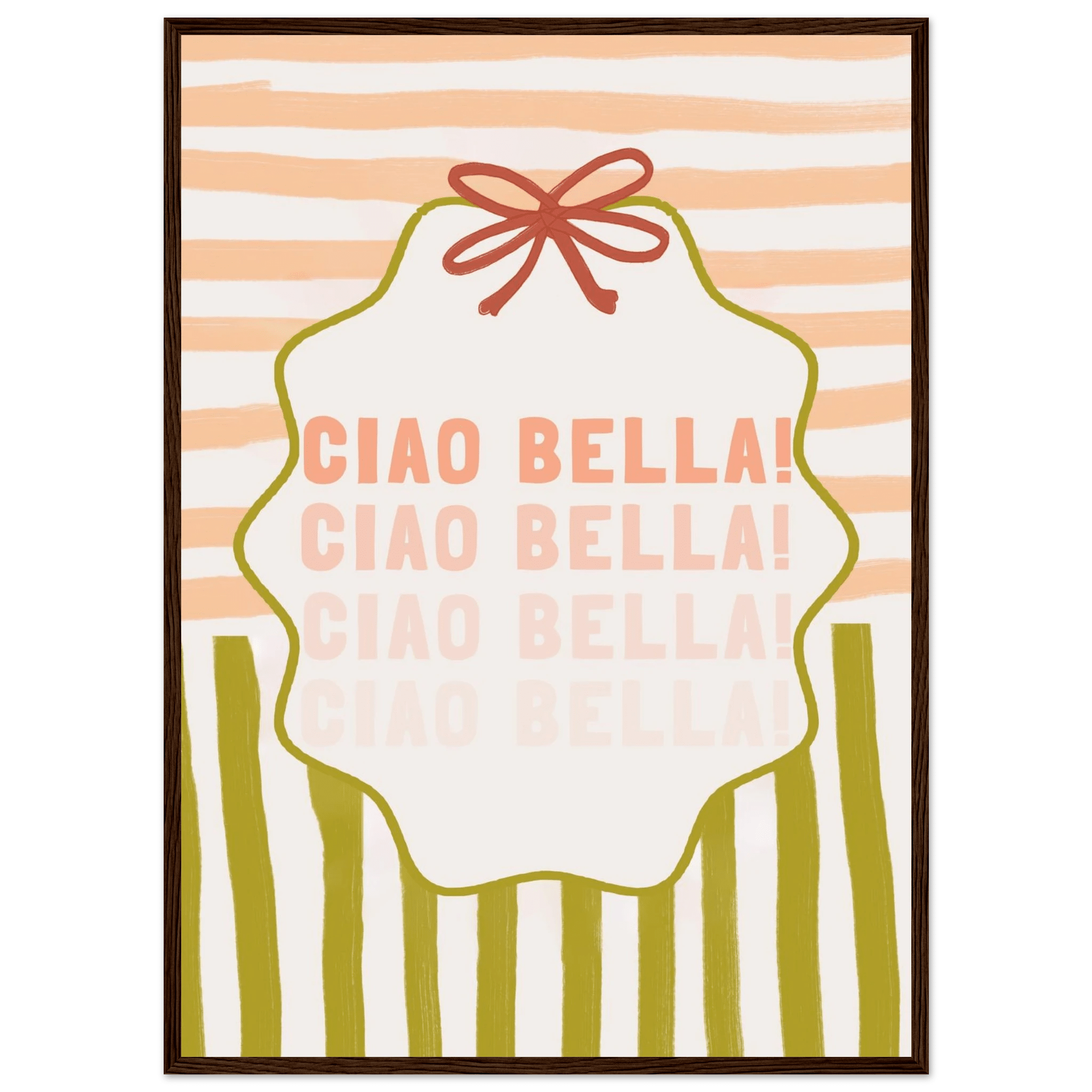 Ciao Bella Poster | Italian Typography Wall Art | Retro Stripe Bow Print | Cute Room Decor - Evergreen Posters