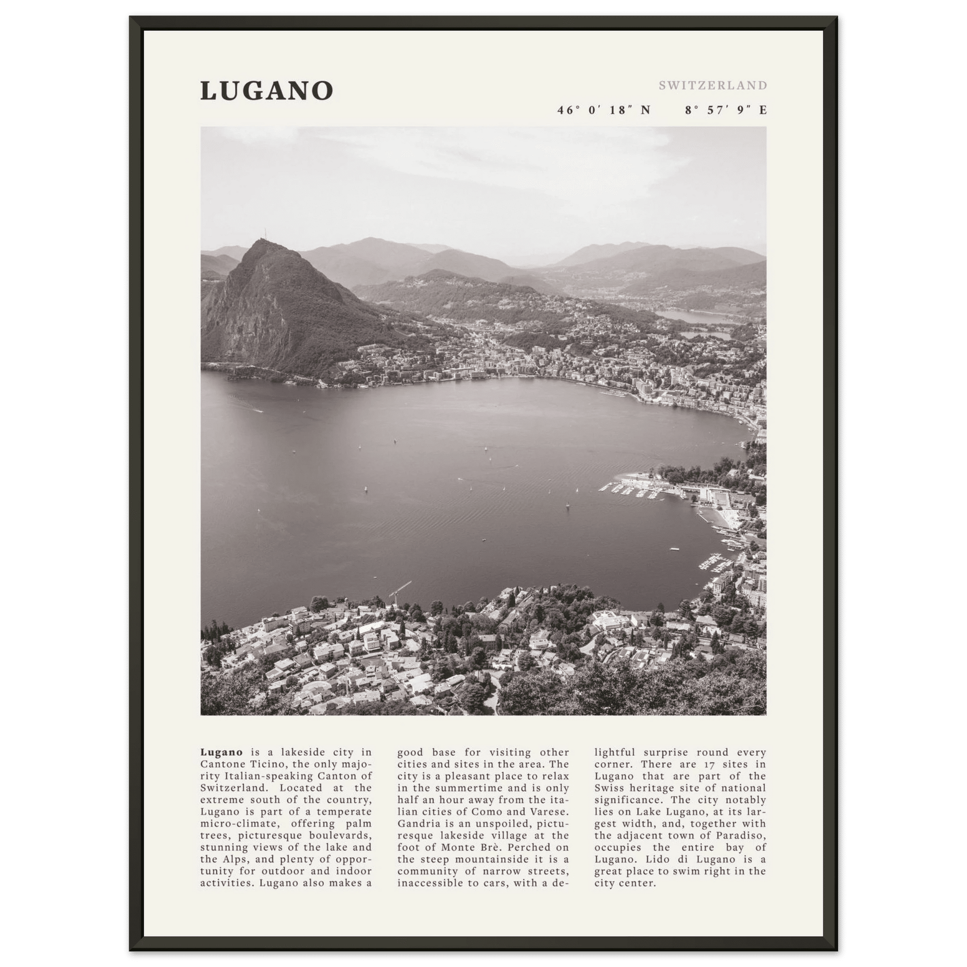 Lugano Poster | Black & White Swiss Lake Wall Art | Switzerland Travel Print - Evergreen Posters
